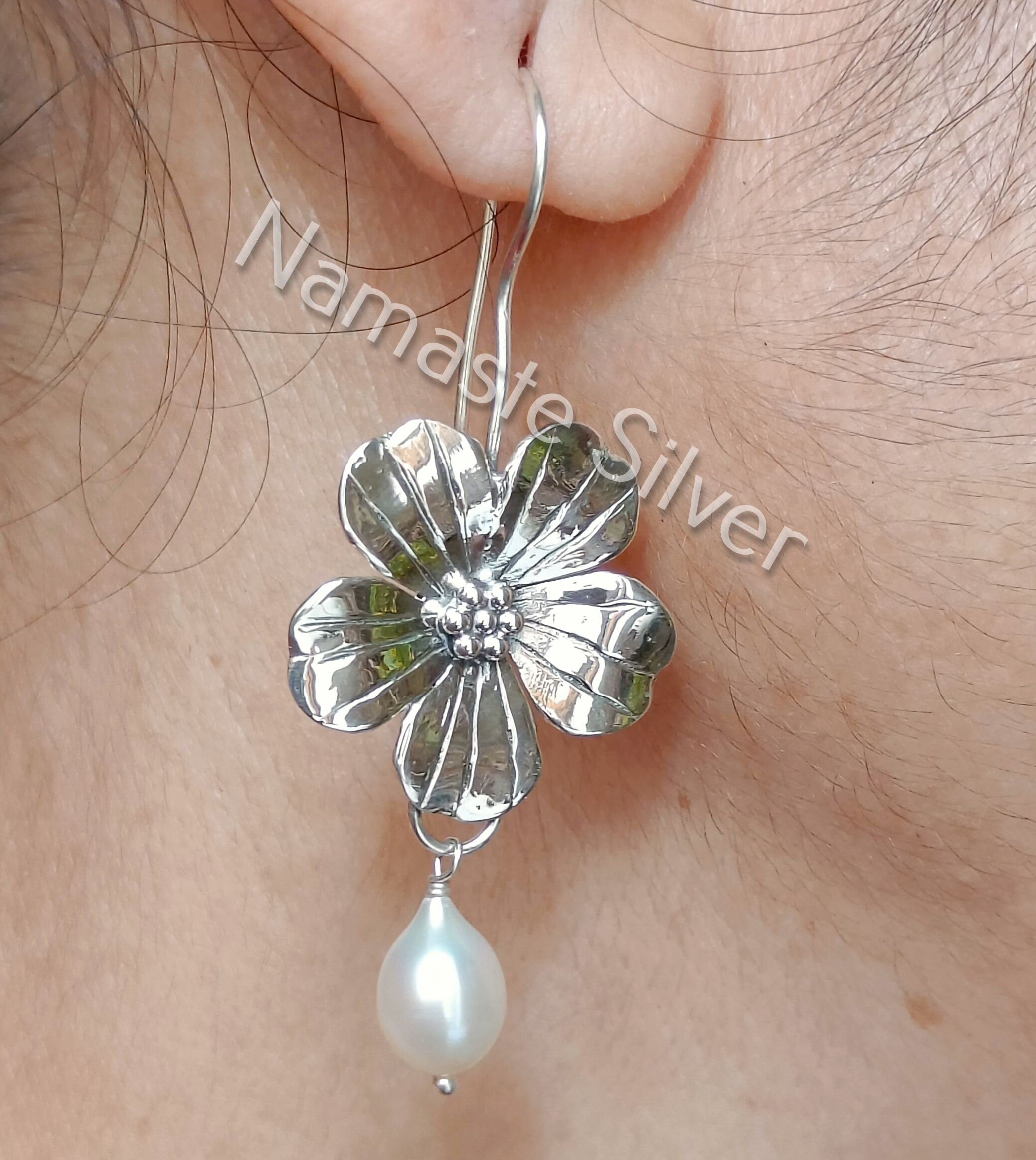 Freshwater Pearl Silver Handmade Dangle Flower Earrings, Pearl Jewelry, Pearl Dangle Earrings, Pearl Earrings, Pearl Silver Earrings