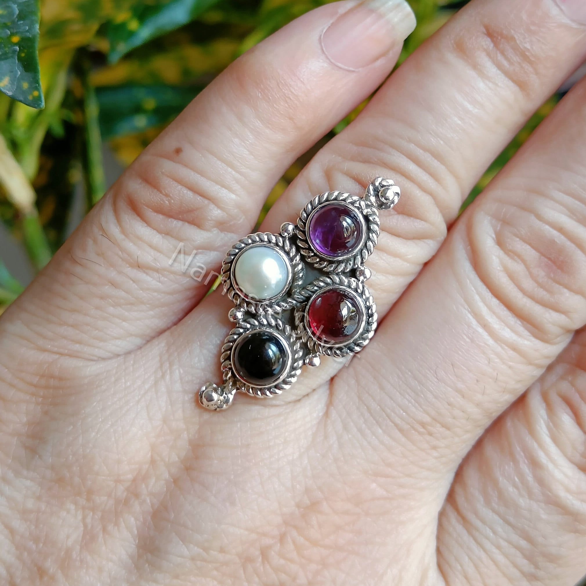 Garnet, Amethyst, Pearl, Black Onyx  Sterling Silver Handmade Women Statement Ring,  Multi Gemstone Cocktail Silver Ring, Ring For Her