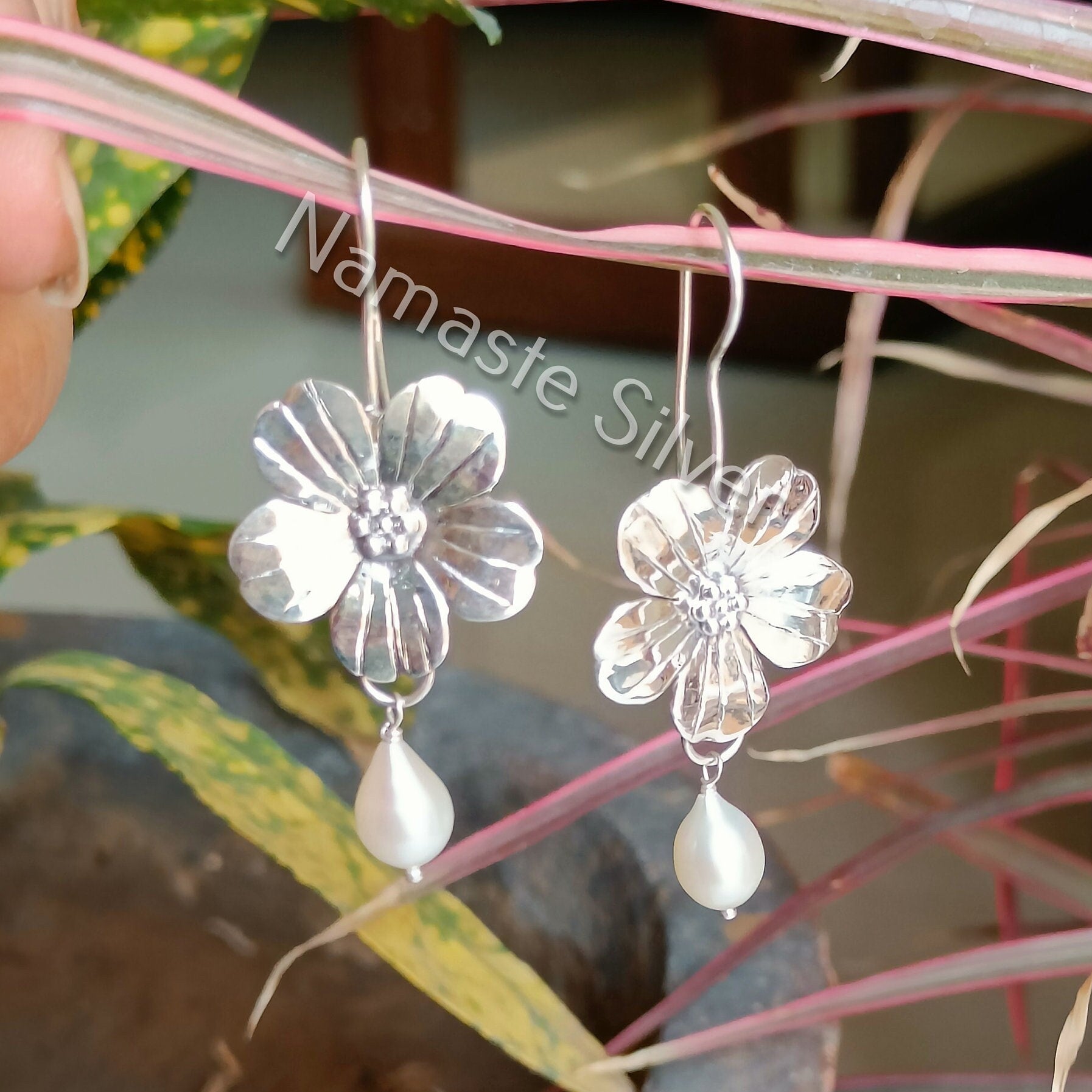 Freshwater Pearl Silver Handmade Dangle Flower Earrings, Pearl Jewelry, Pearl Dangle Earrings, Pearl Earrings, Pearl Silver Earrings