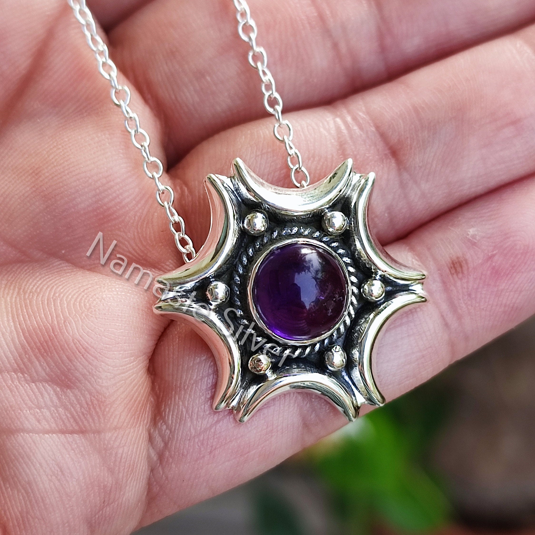 Natural Amethyst Silver Handmade Necklace, 925 Sterling Silver Amethyst Round Pendant, February Birthstone, Purple Gemstone Jewelry