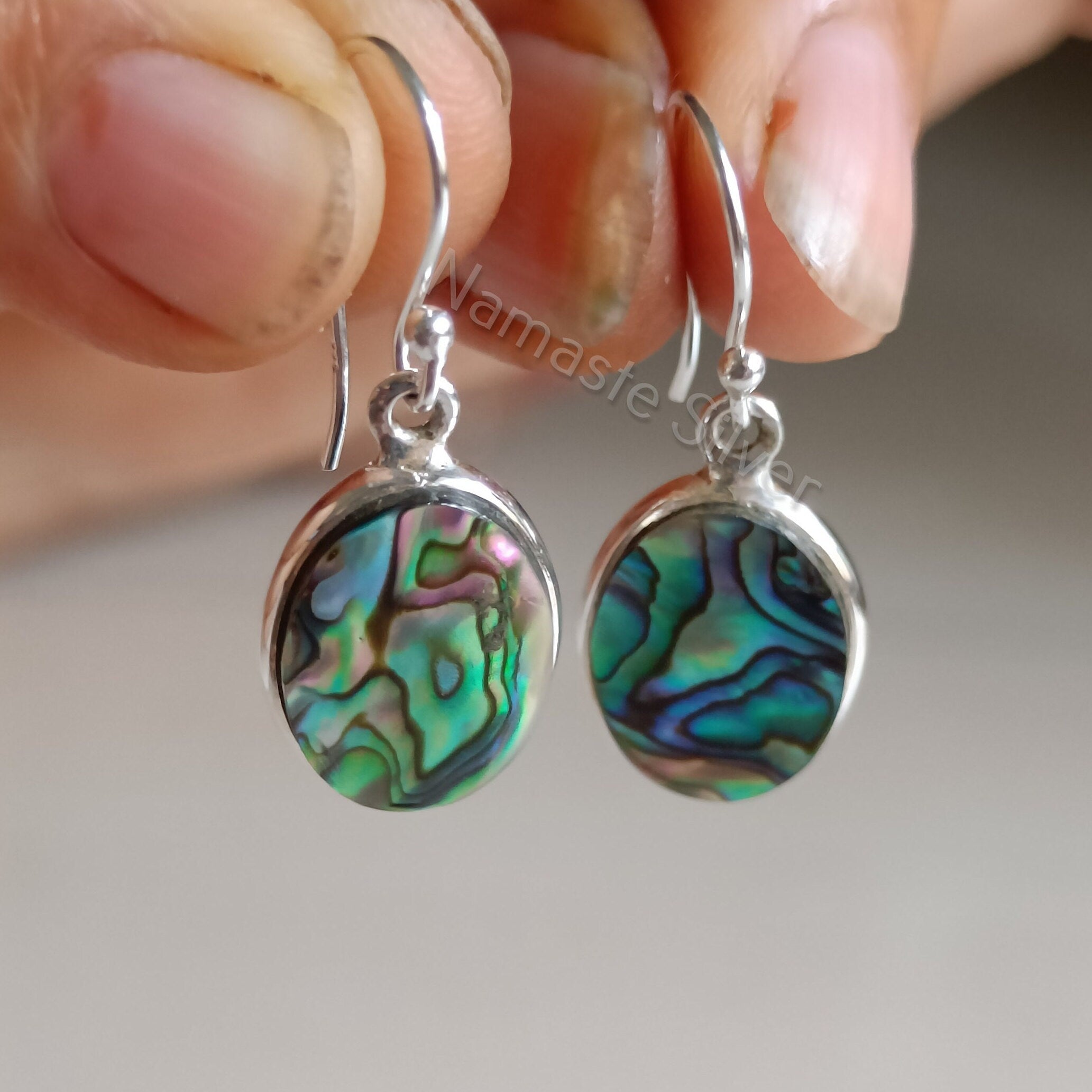 Natural Abalone Shell Sterling Silver handmade Dangle Earrings, Boho Earrings, Abalone Silver Earrings, Blue Paua Shell Earrings