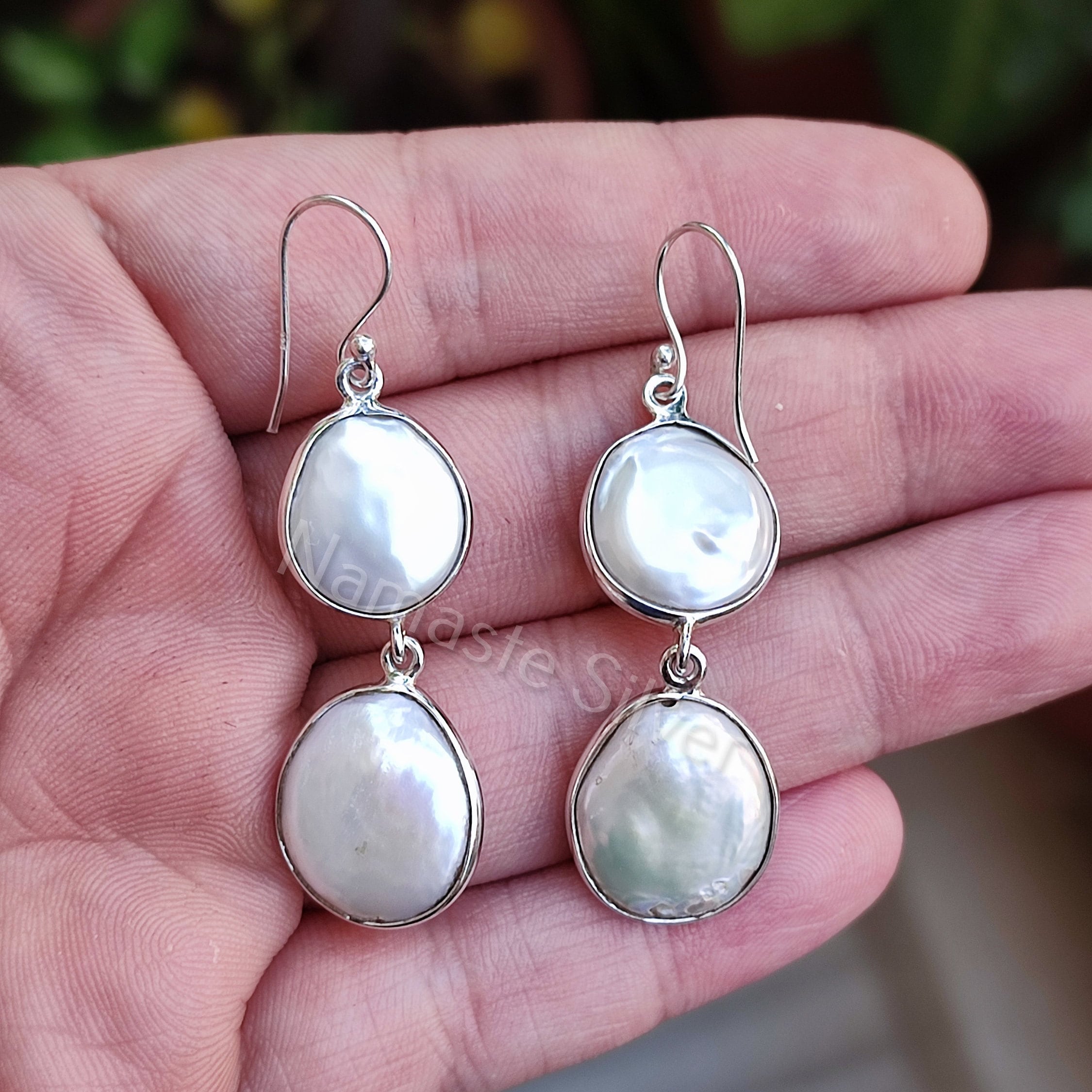 Coin Pearl Earrings, 925 Sterling Silver Handmade Dangle Earrings, Genuine Freshwater Coin Pearl Jewelry, Gift for her Birthday Anniversary