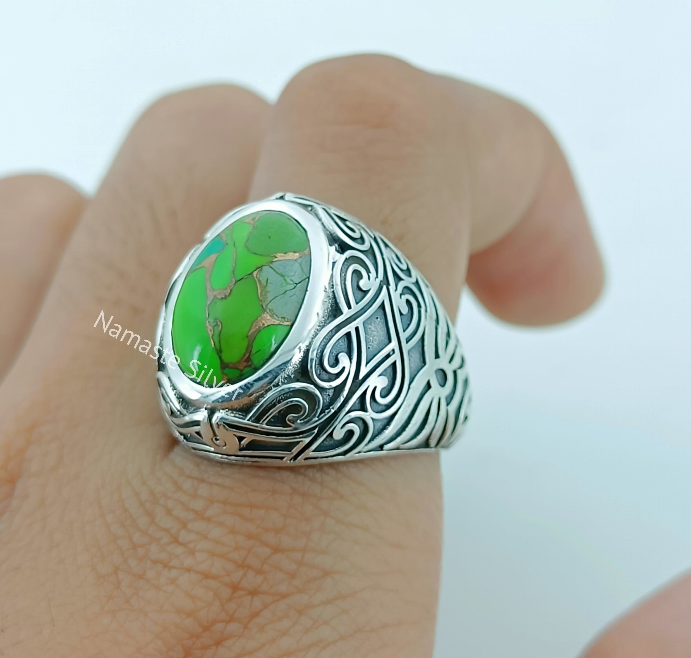 Green Copper Turquoise Oval 925 Sterling Silver Handmade Statement Women Ring, Boho Gemstone Ring, Gift for Her