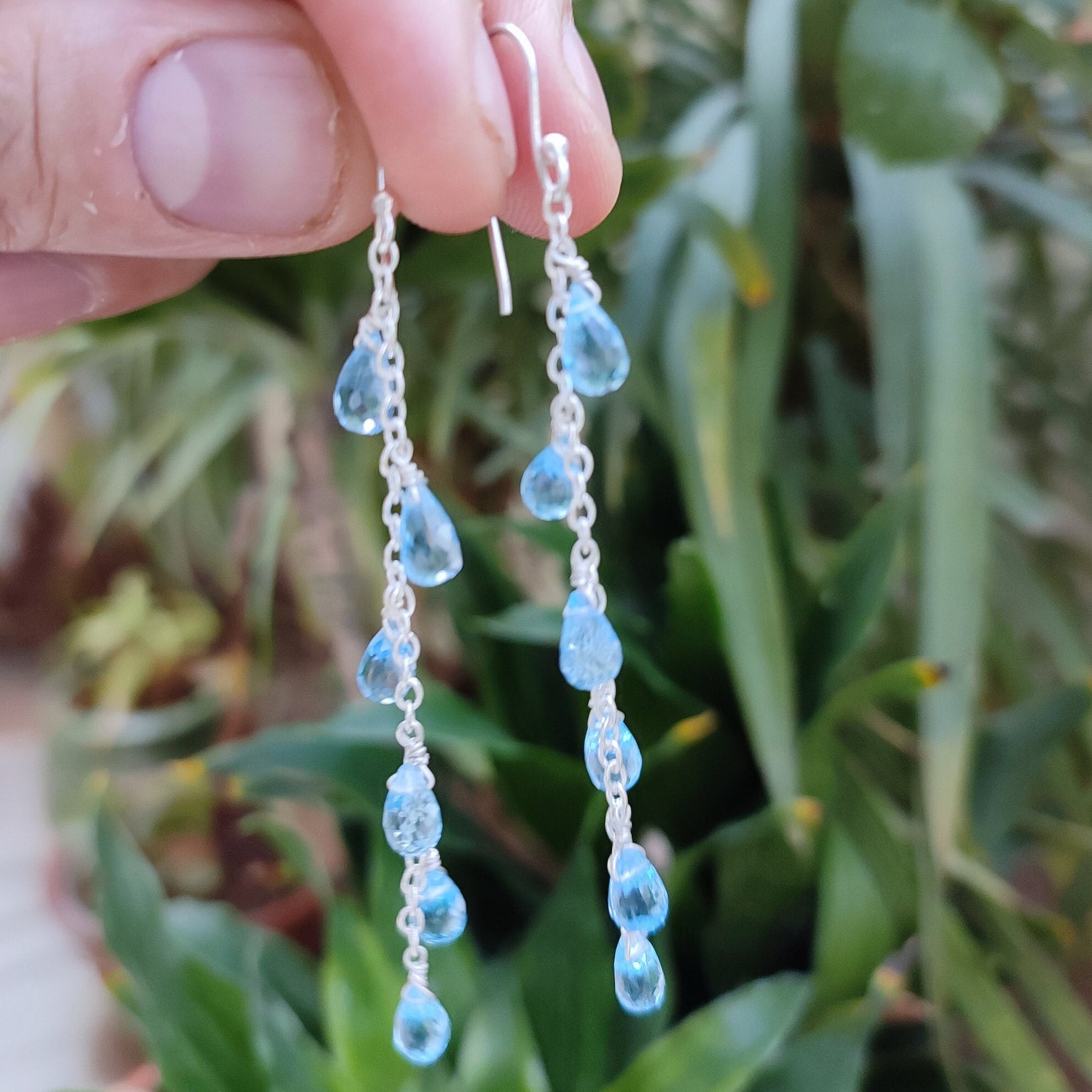 Blue Topaz Teardrop Beads Sterling Silver Handmade Dangle Earrings, Bridal Earrings, Gift for Her, Blue Topaz Silver Earrings