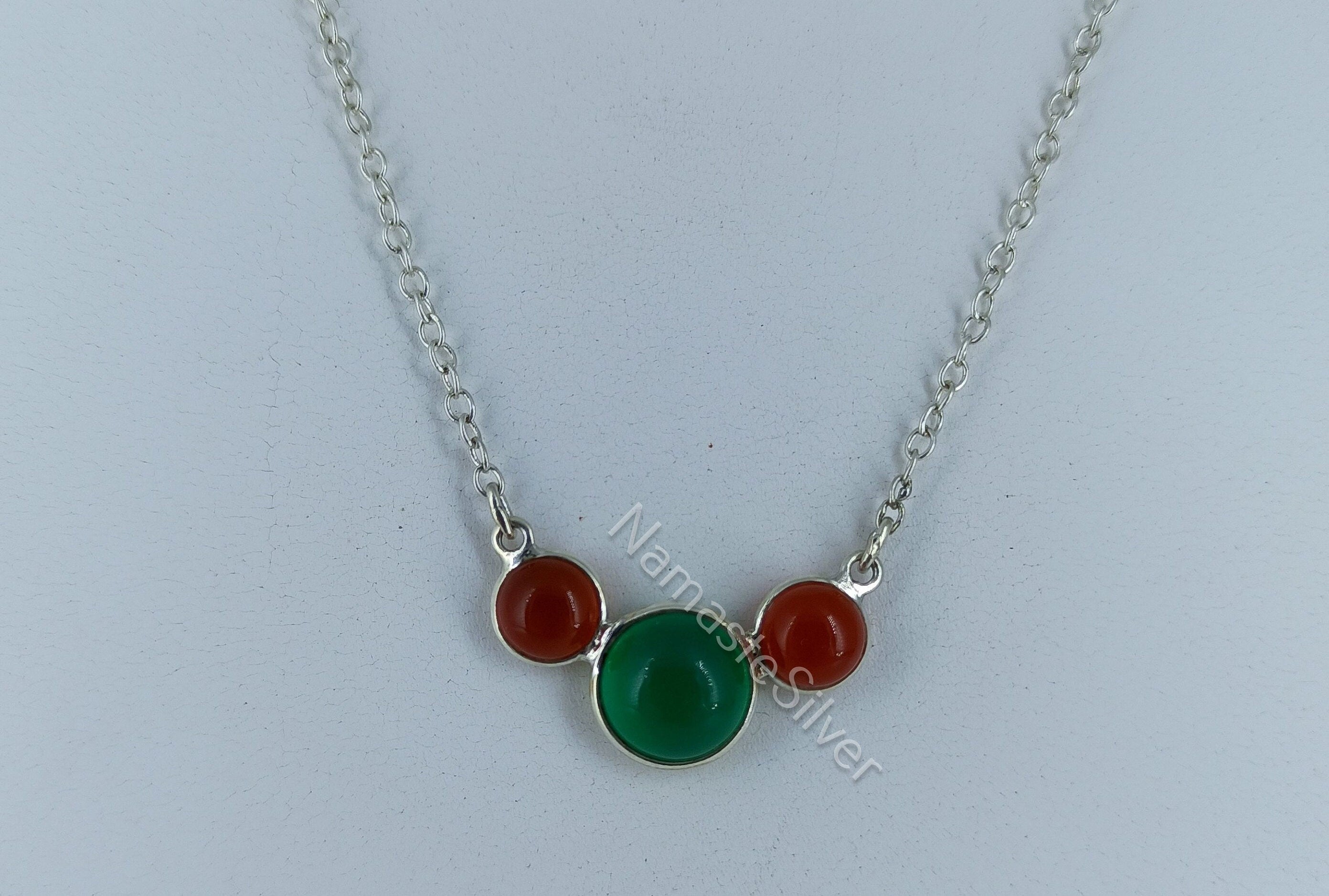 Green Onyx, Carnelian Sterling Silver Handmade Necklace for Women, Girls, Triple Gemstone Necklace, Minimalistic Necklace, Gift for Her