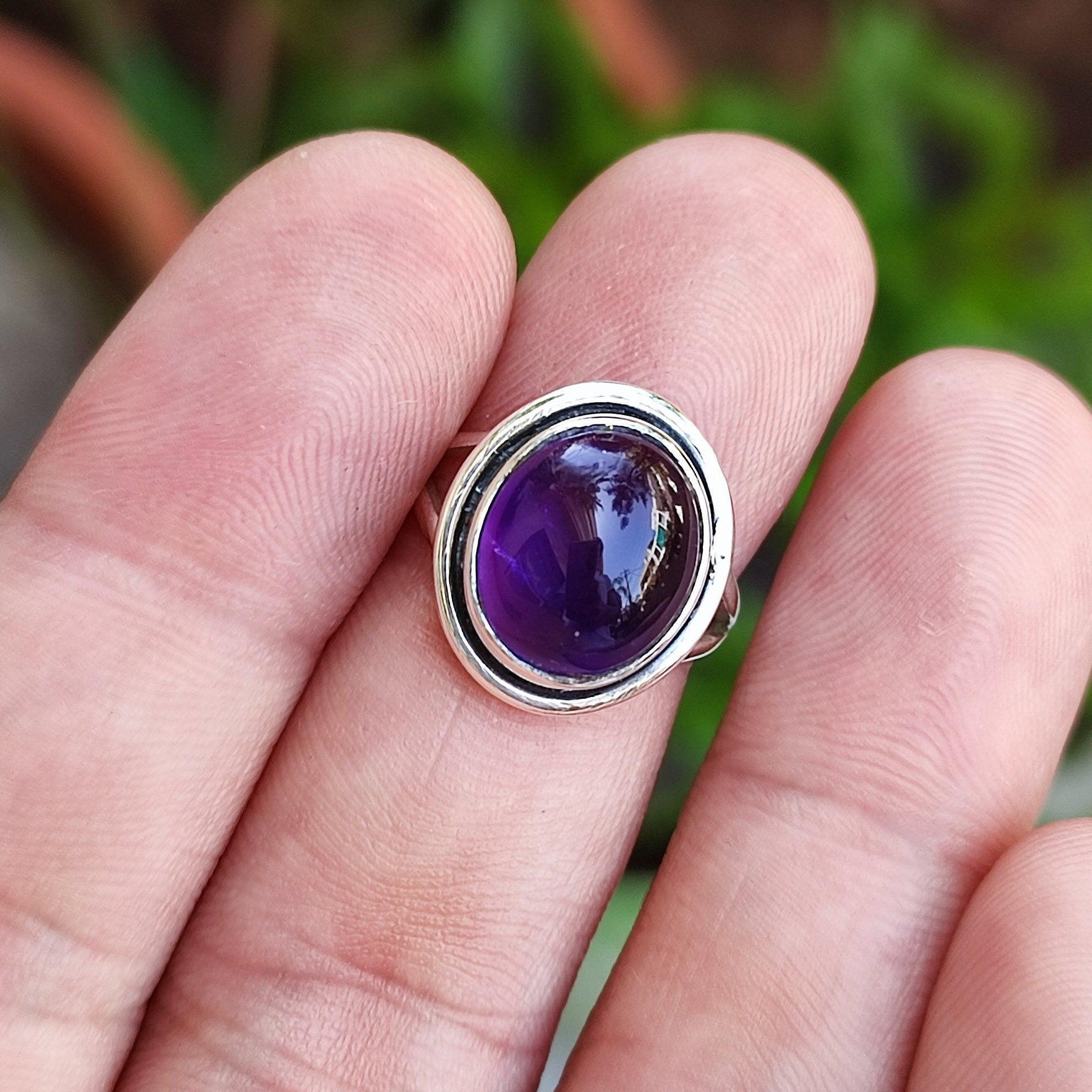 Women's Amethyst and hot Silver Ring, Size 7 US, Individually Handmade, Small Stone, hand sculpted fine silver, Small natural smooth amethyst