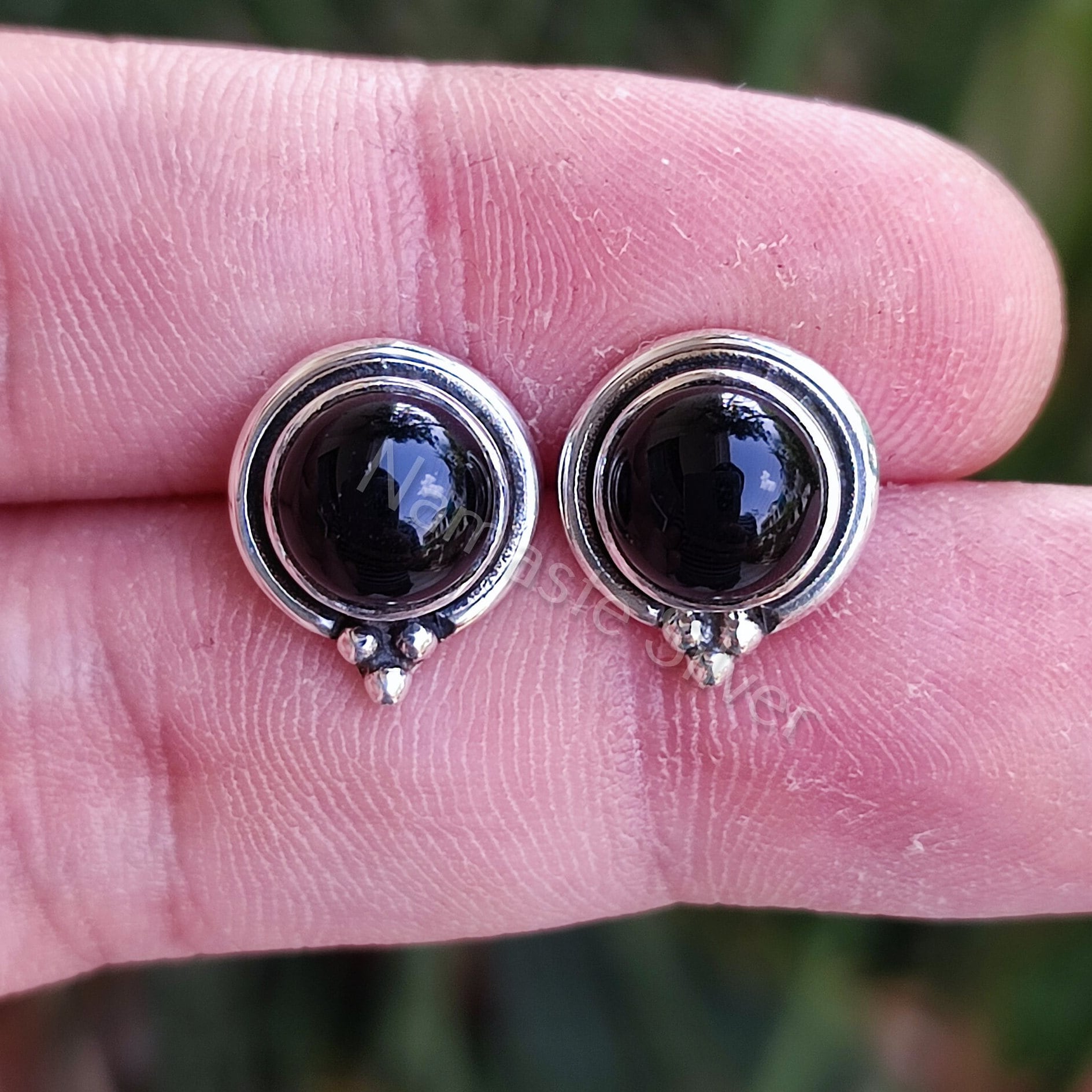 Black Onyx Stud Earrings, 925 Sterling Silver Round Stud Posts, Natural Black Gemstone Handmade Jewelry, July Birthstone Gift for Her