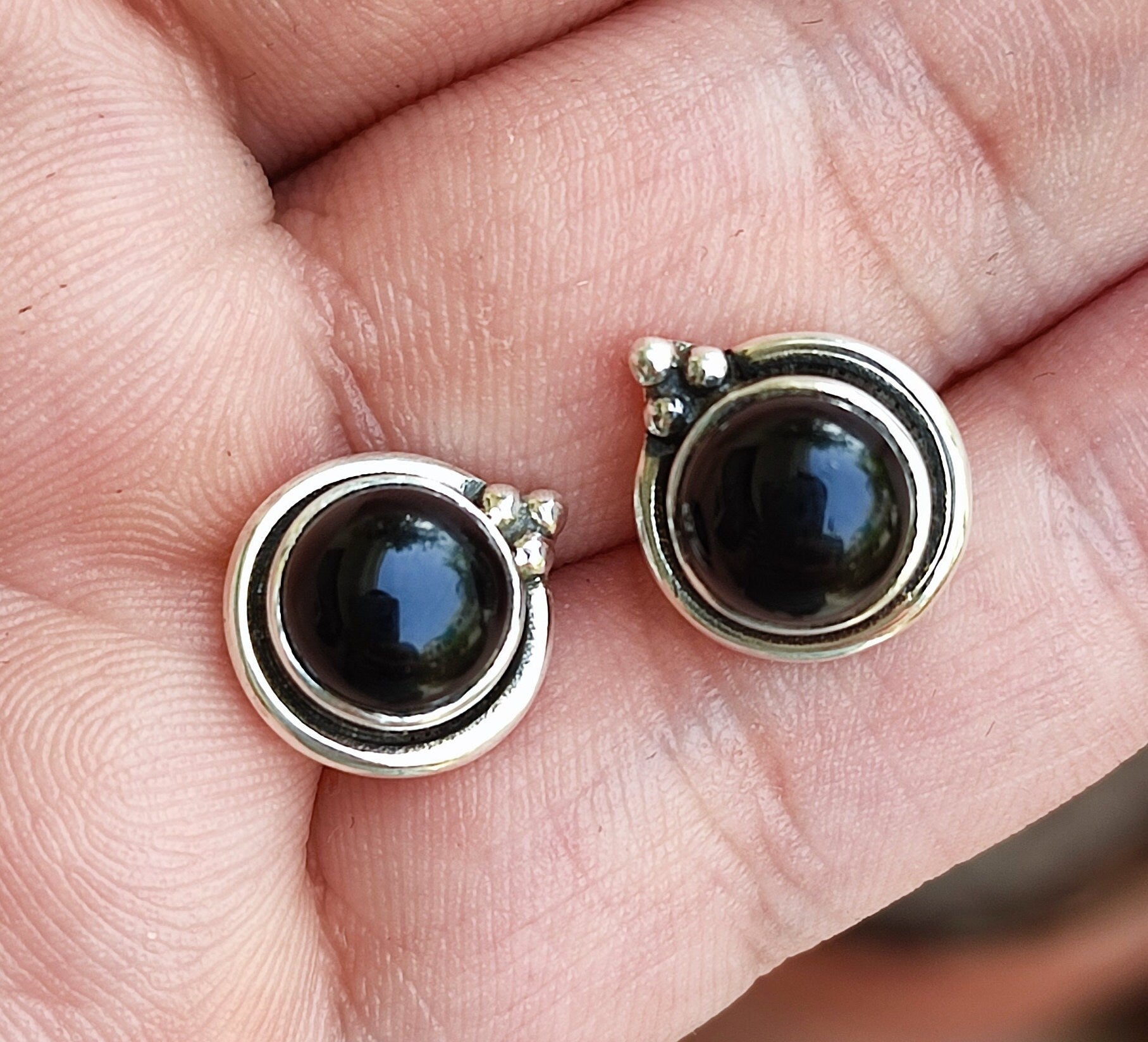 Black Onyx Stud Earrings, 925 Sterling Silver Round Stud Posts, Natural Black Gemstone Handmade Jewelry, July Birthstone Gift for Her