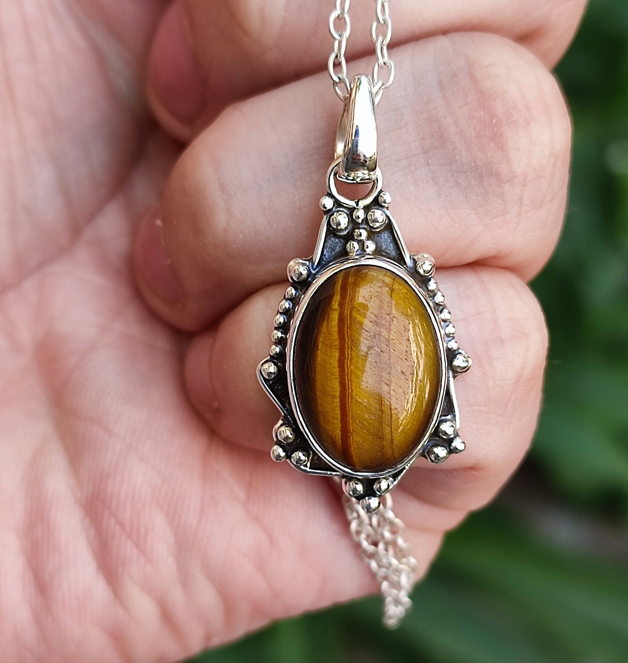 Natural Tigers Eye Sterling Silver Handmade Locket Pendant Chain Necklace, Tiger Eye Gemstone Boho Silver Necklace, Gift for Her