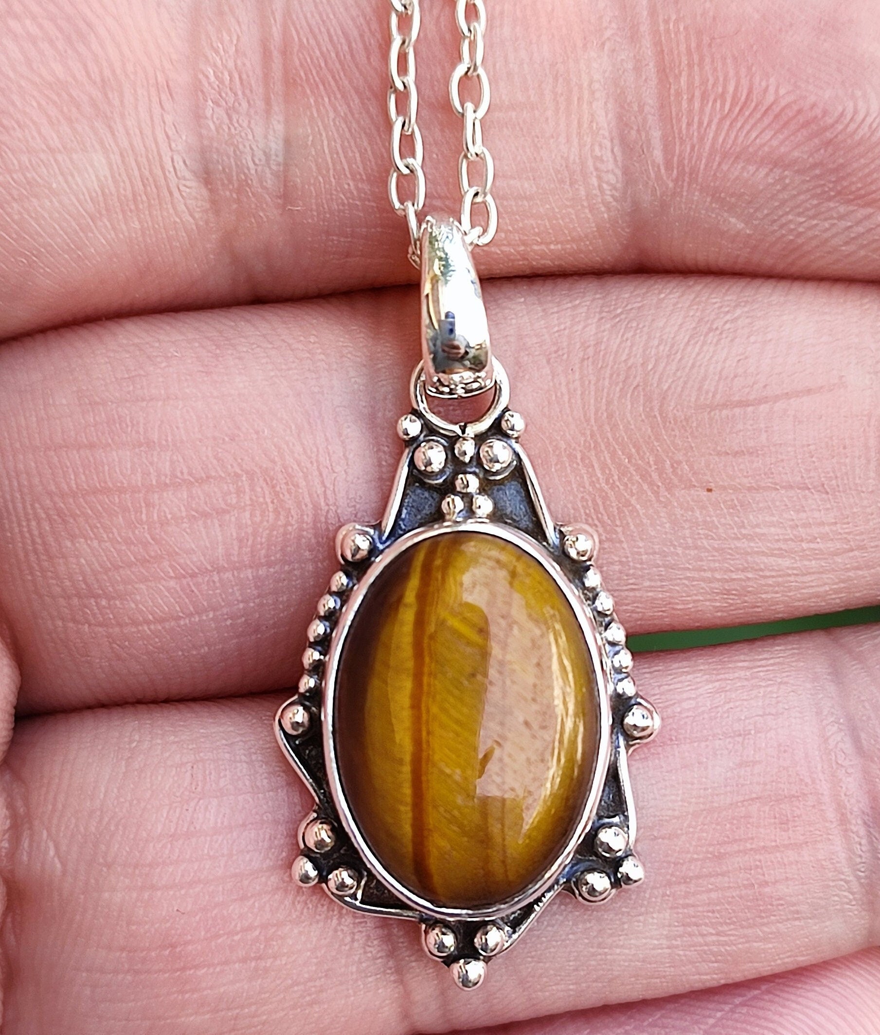 Natural Tigers Eye Sterling Silver Handmade Locket Pendant Chain Necklace, Tiger Eye Gemstone Boho Silver Necklace, Gift for Her