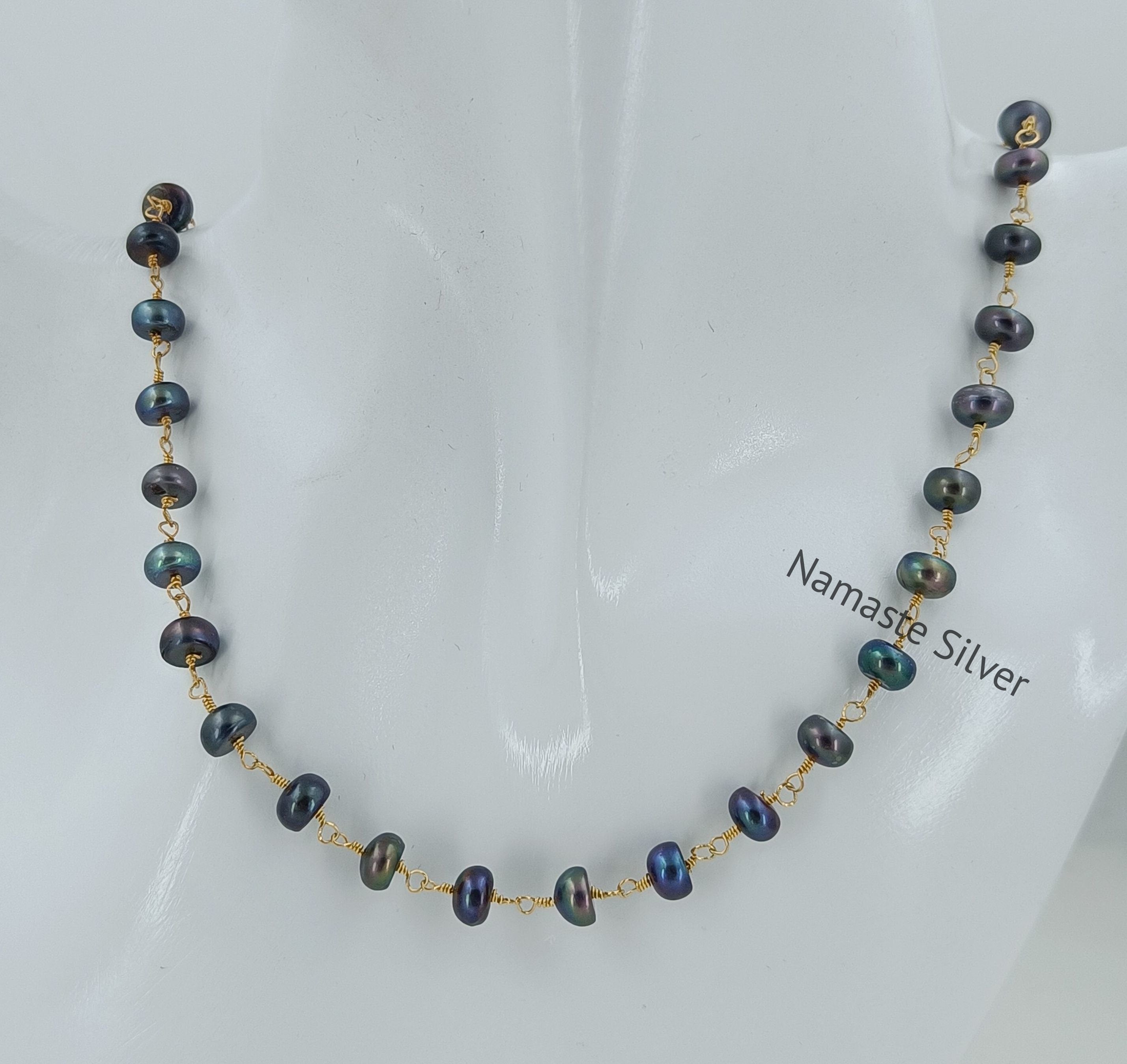 Gold Filled Freshwater Peacock Black Pearl Sterling Silver handmade Single Line Beads Strand Necklace