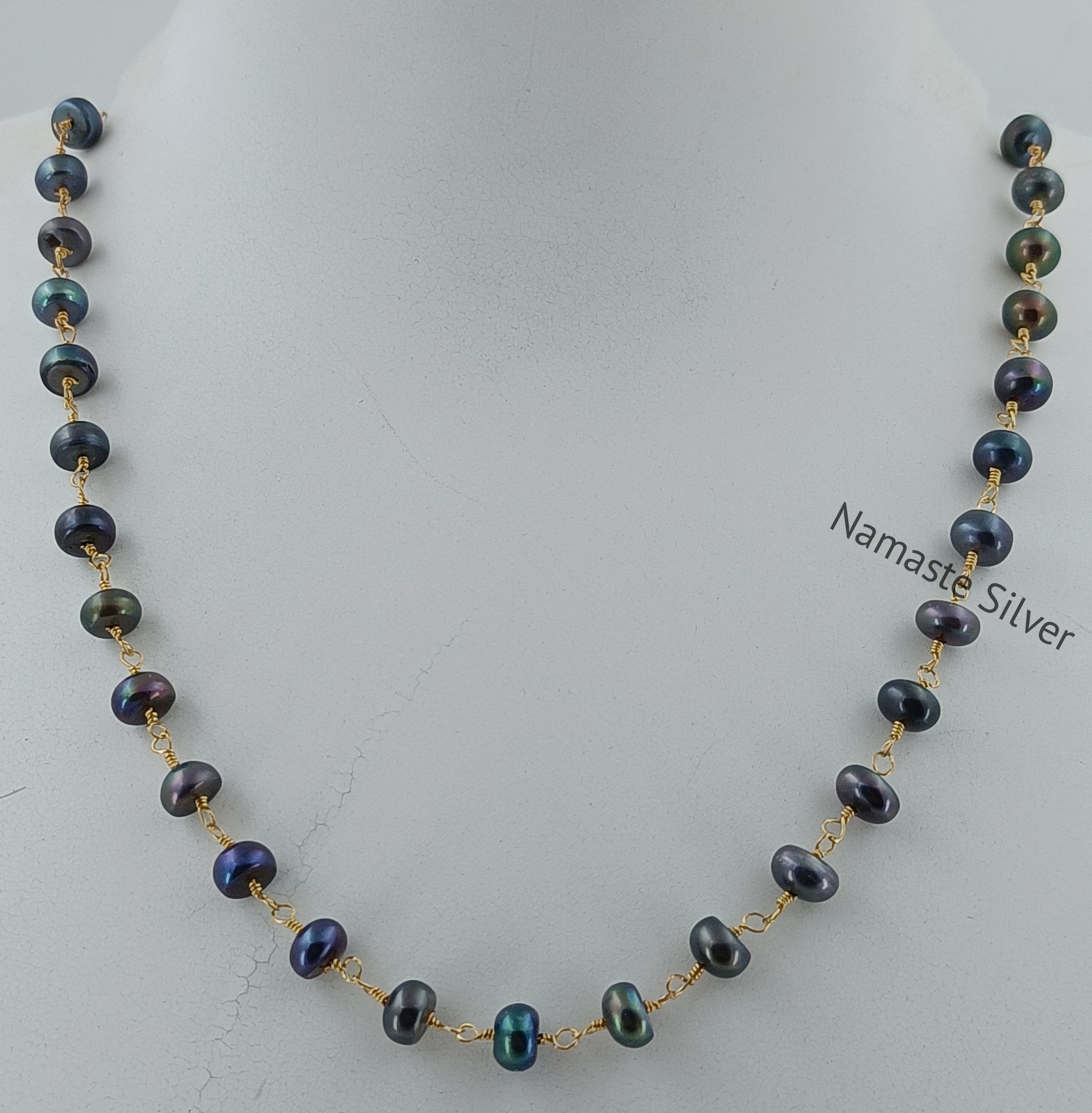 Gold Filled Freshwater Peacock Black Pearl Sterling Silver handmade Single Line Beads Strand Necklace