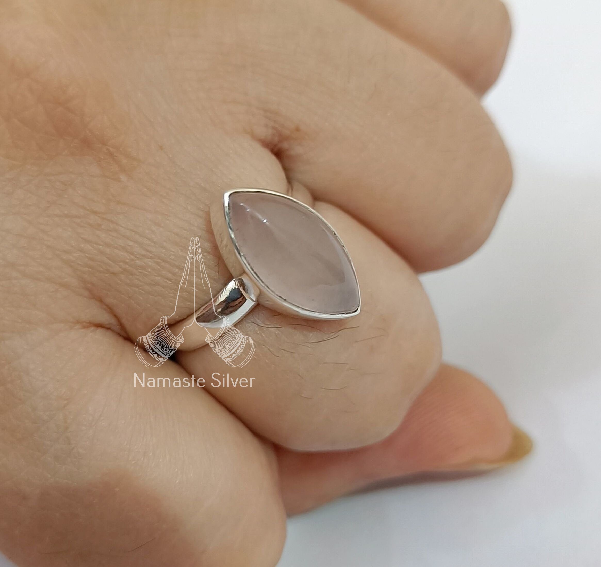 Rose Quartz Sterling Silver Ring - Handmade Statement Minimalist Boho Marquise Ring, Natural Pink Gemstone Jewelry, Elegant Gift for Her