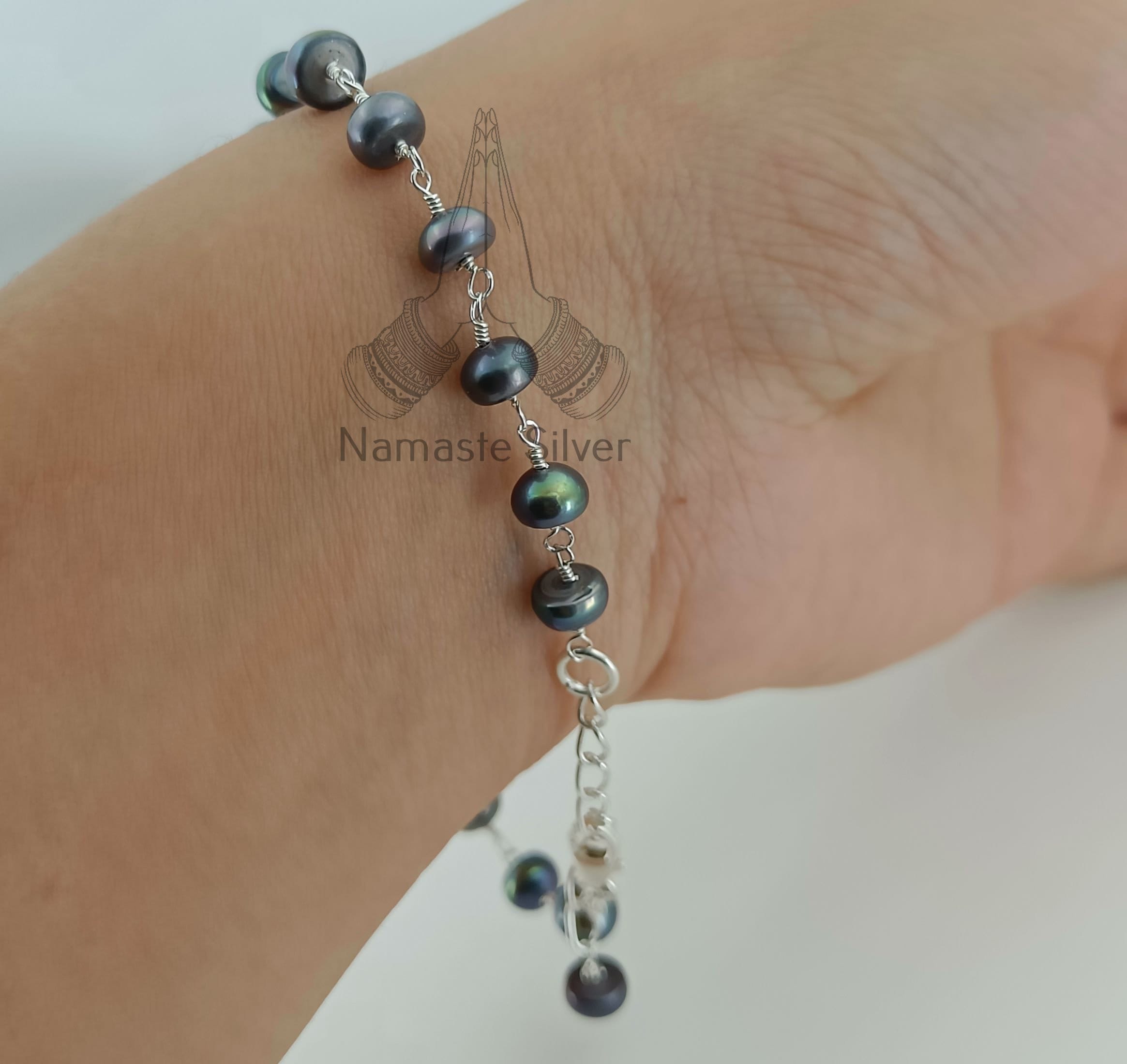 Black Pearl Beads Sterling Silver Handmade Bracelet for Girls Women Boho Jewelry Gift Wedding Christmas Anniversary Valentine Birthday