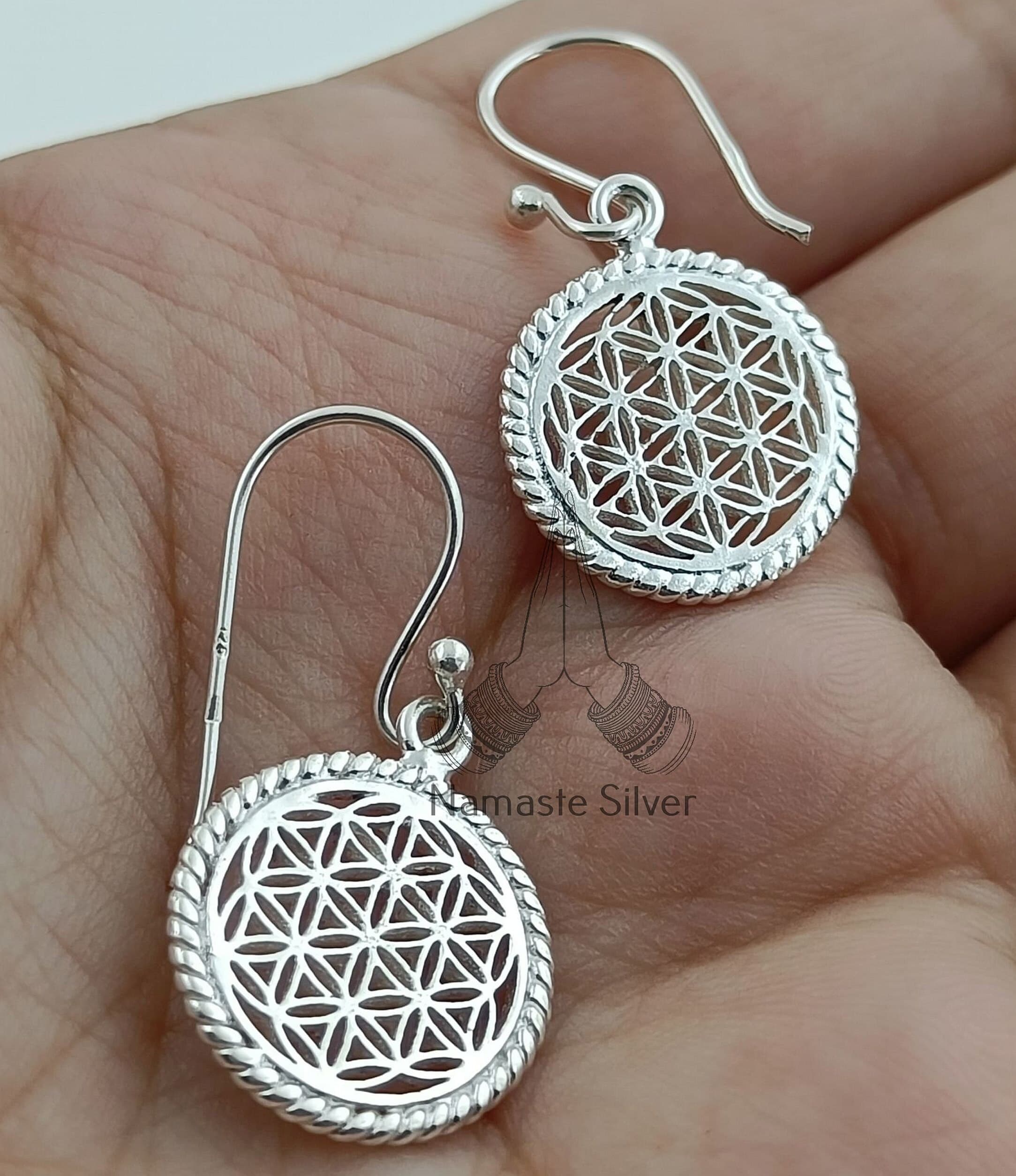 Flower of Life 925 Sterling Silver Handmade Dangle Earrings for Women Sacred Circle Geometry Jewelry Birthday Christmas Anniversary Gift