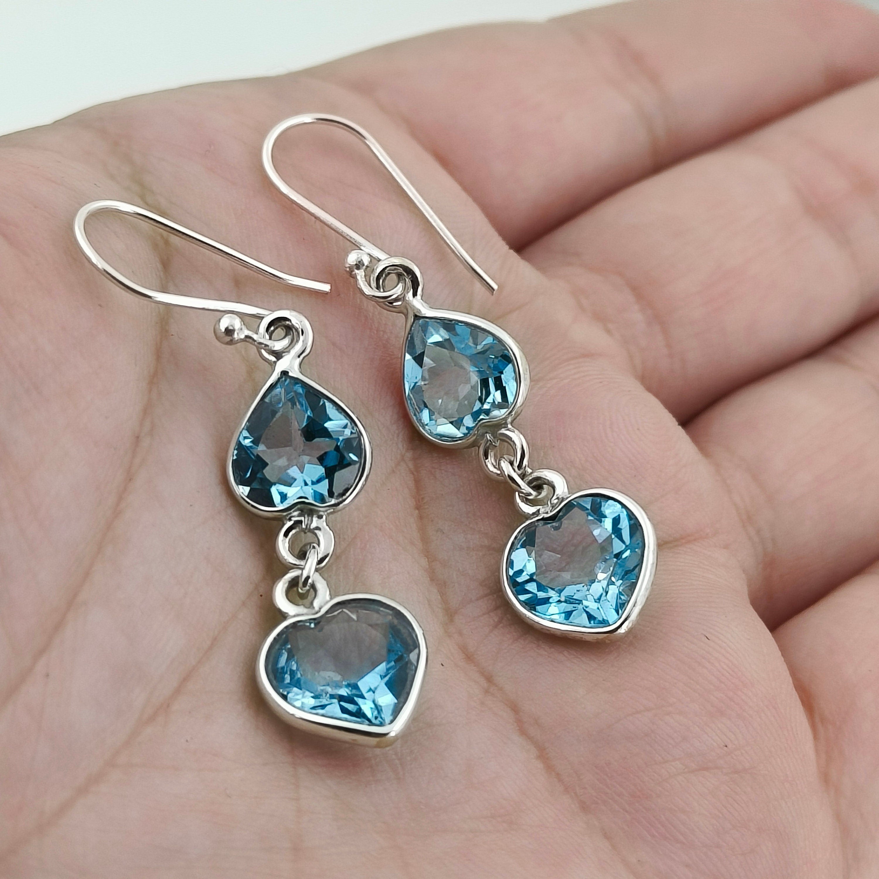 Natural Blue Topaz Sterling Silver Handmade Dual Heart shape Gemstone Dangle Earrings, Gift for her Anniversary Birthday Christmas