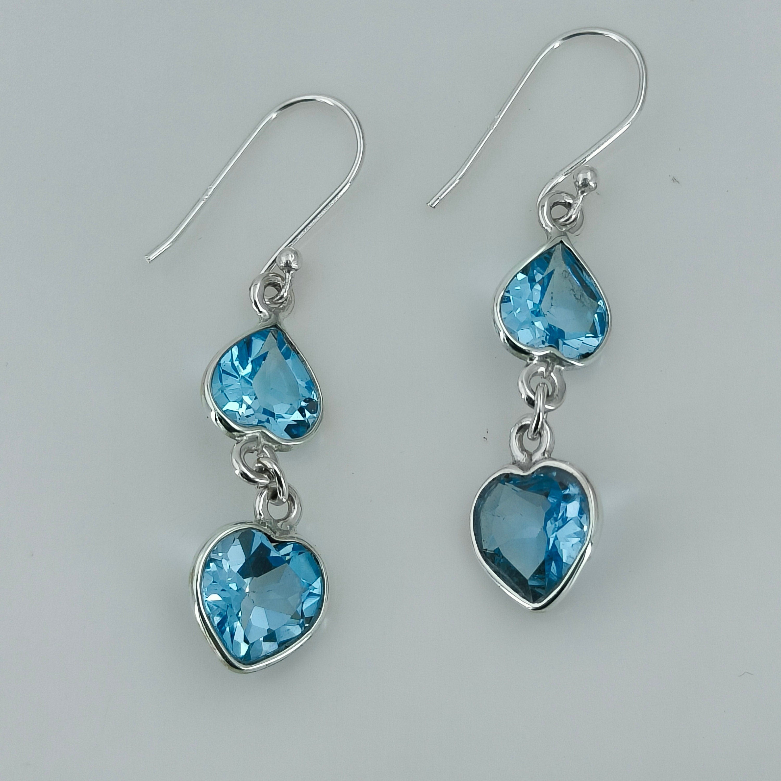 Natural Blue Topaz Sterling Silver Handmade Dual Heart shape Gemstone Dangle Earrings, Gift for her Anniversary Birthday Christmas