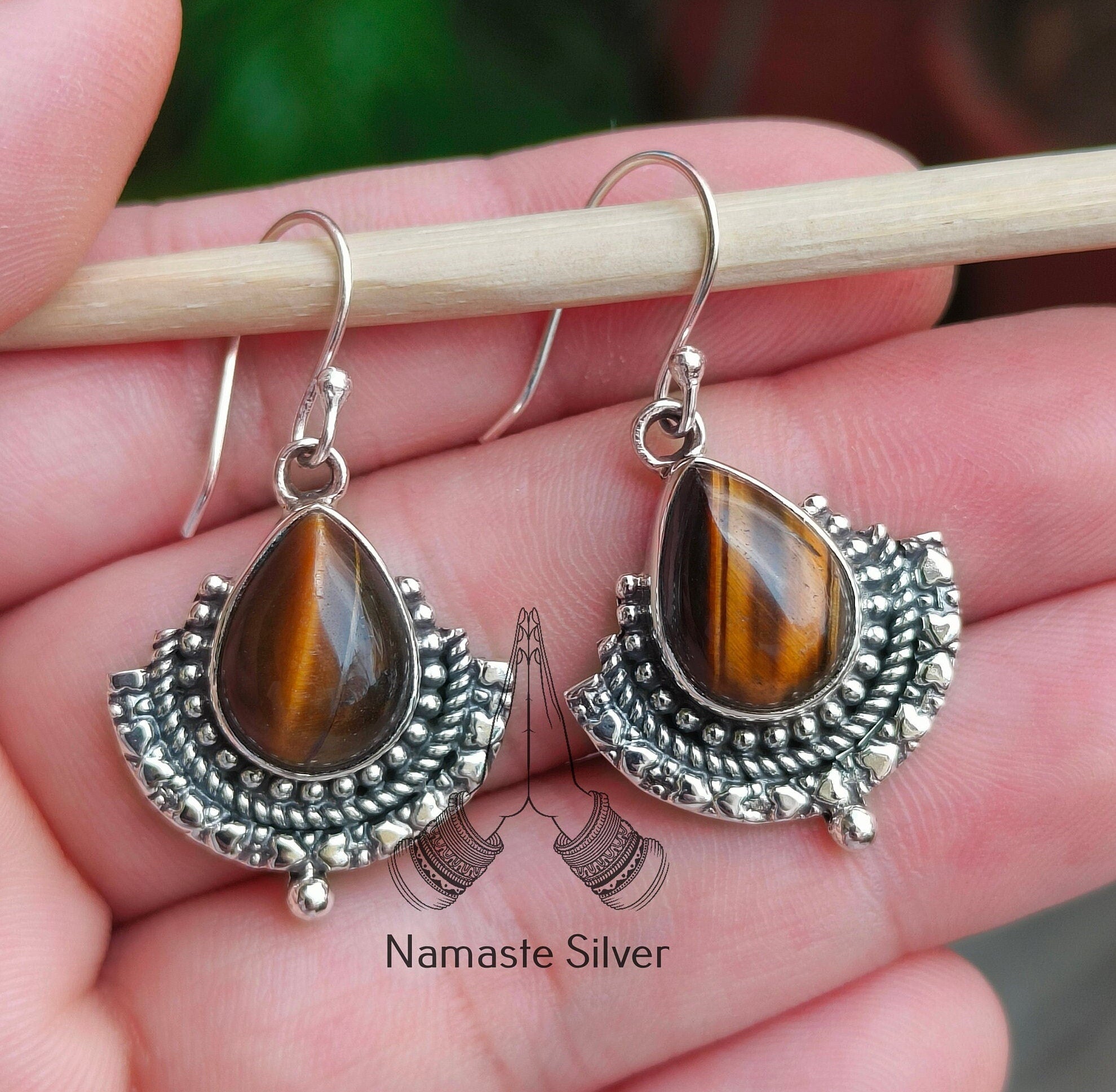 Natural Tigers Eye 925 Sterling Silver Handmade Dangle Earrings Gemstone Boho Gift for Her Birthday Anniversary Christmas Valentine's Day