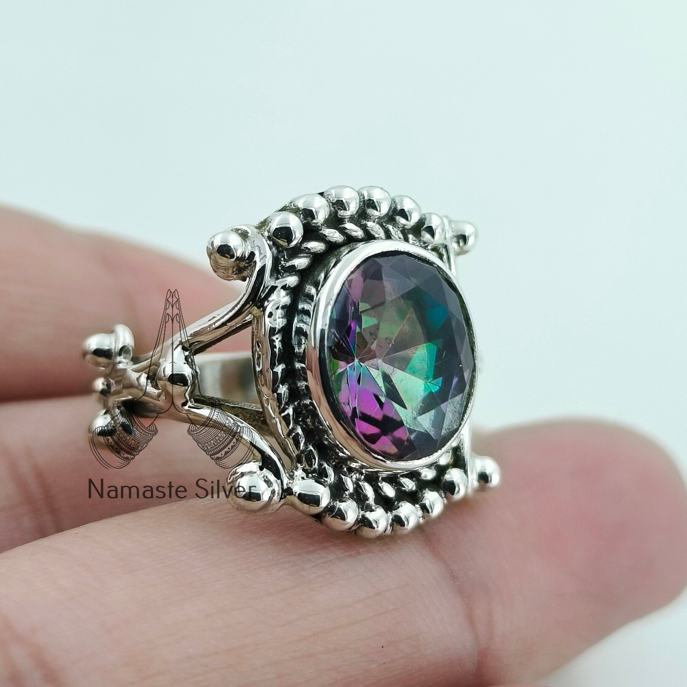 Mystic Topaz Oval Sterling Silver Handmade Statement Women Ring Gemstone Jewelry Gift for her Birthday Anniversary Christmas Valentine's Day