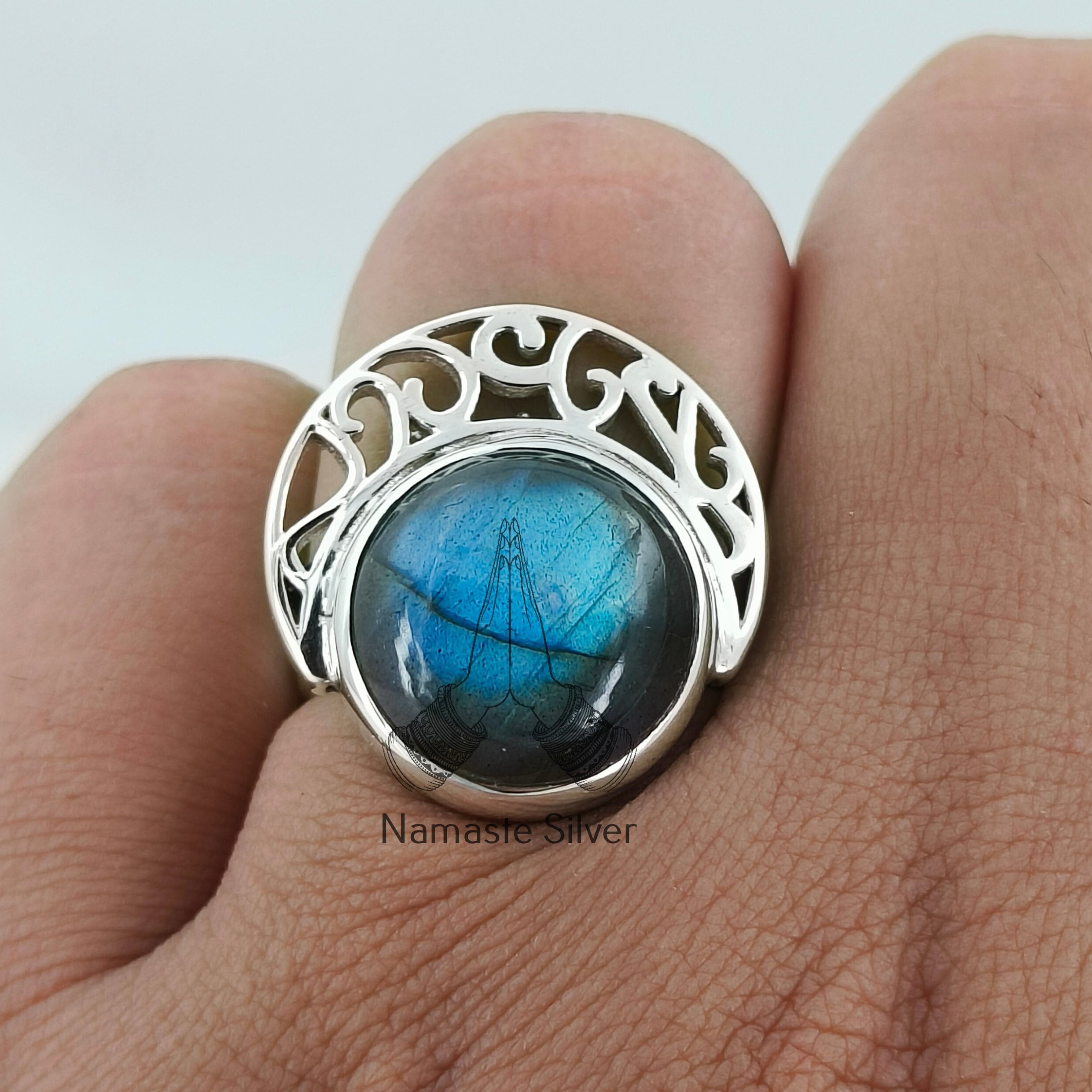 Labradorite Round 925 Sterling Silver Handmade Statement Women Ring Gemstone Jewelry Gift for Her Birthday Anniversary Christmas Valentine