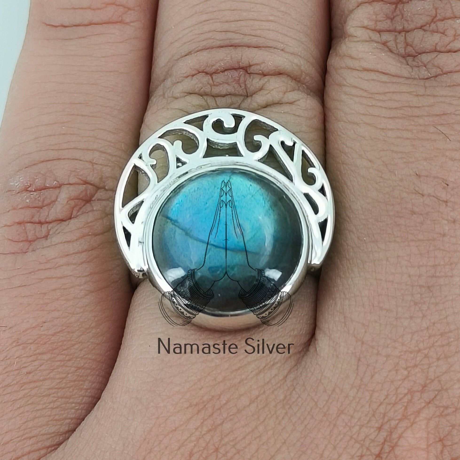 Labradorite Round 925 Sterling Silver Handmade Statement Women Ring Gemstone Jewelry Gift for Her Birthday Anniversary Christmas Valentine