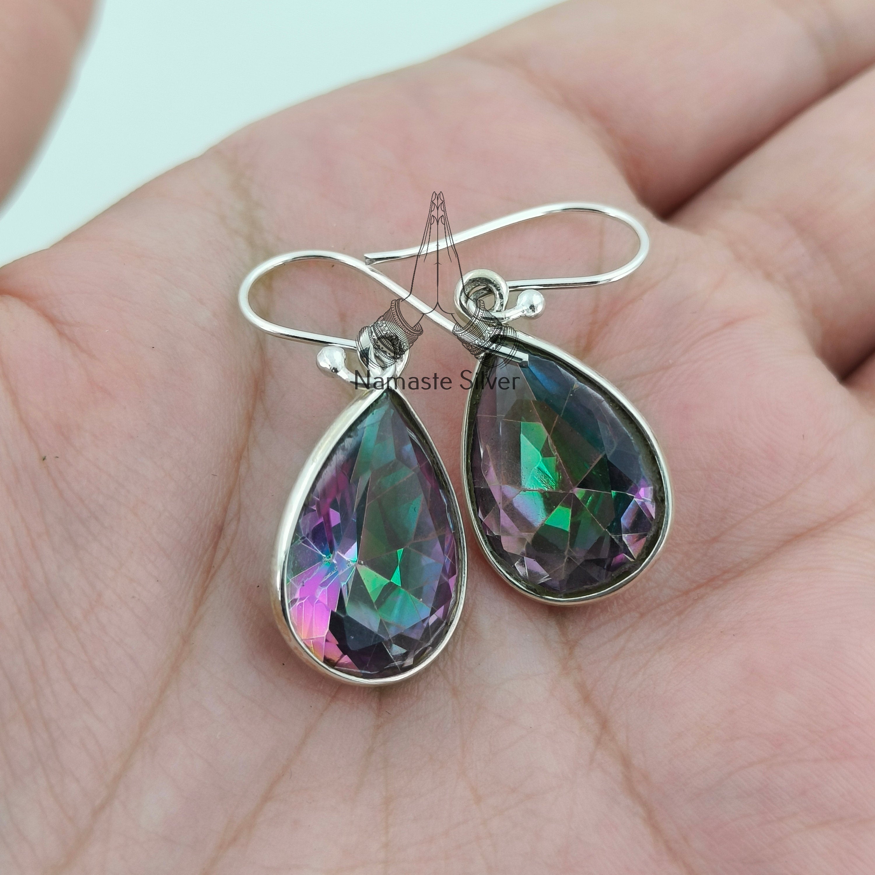 Mystic Topaz Pear Shape Sterling Silver Handmade Women Dangle Earrings Gemstone Gift for her Birthday Anniversary Christmas Valentine's Day