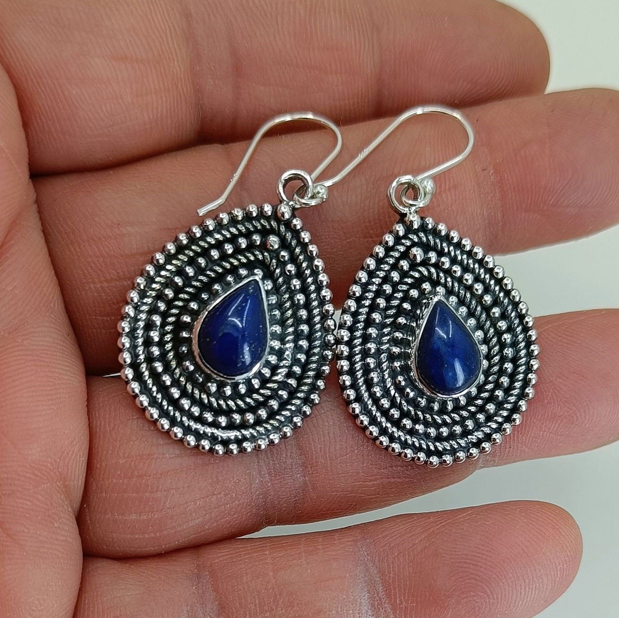 Lapis Lazuli Sterling Silver Handmade Dangle Earrings Boho Gemstone Gift for her Birthday Anniversary Wedding Christmas Valentine's Day