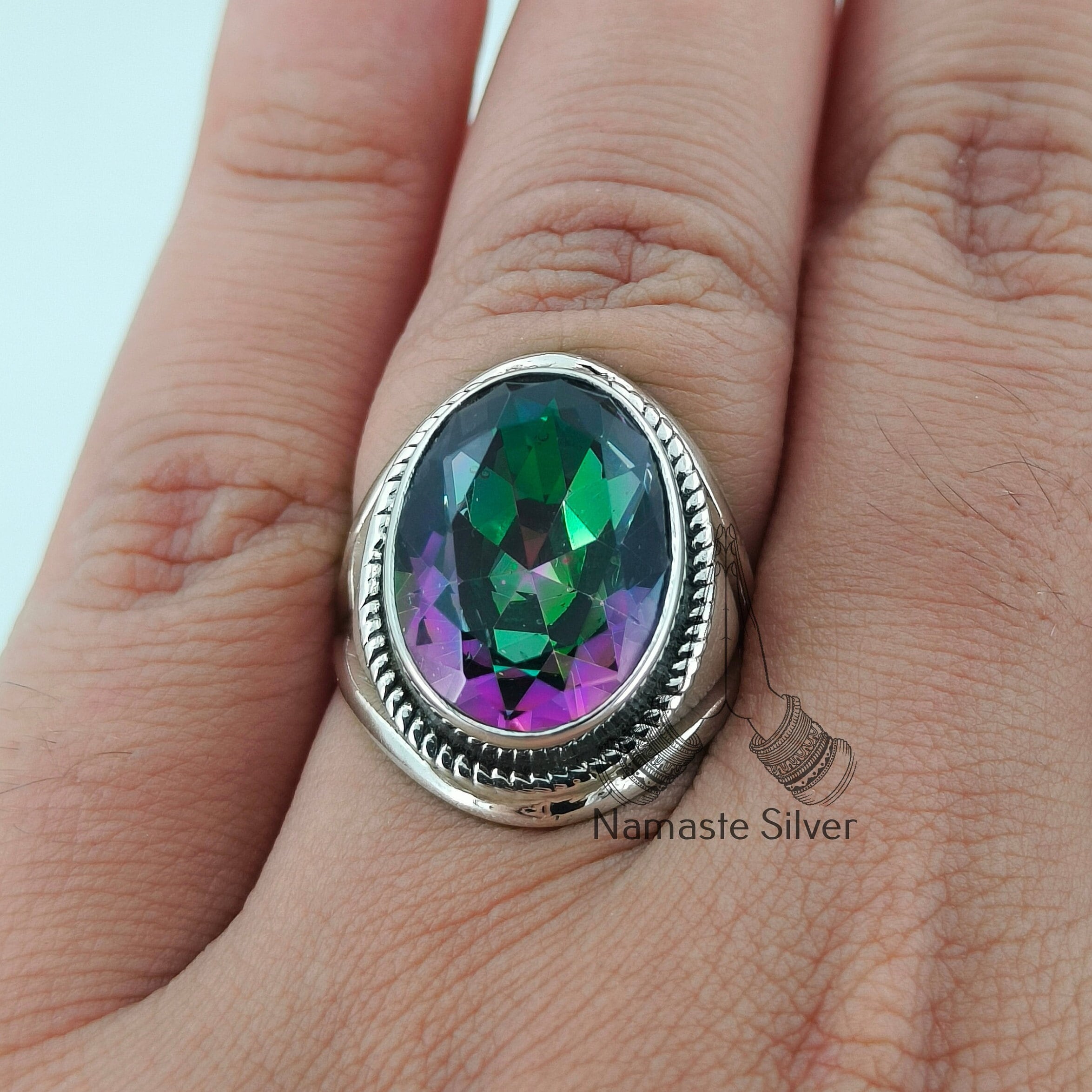 Mystic Topaz Oval Sterling Silver Handmade Statement Women Ring Gemstone Jewelry Gift for her Birthday Anniversary Christmas Valentine's Day