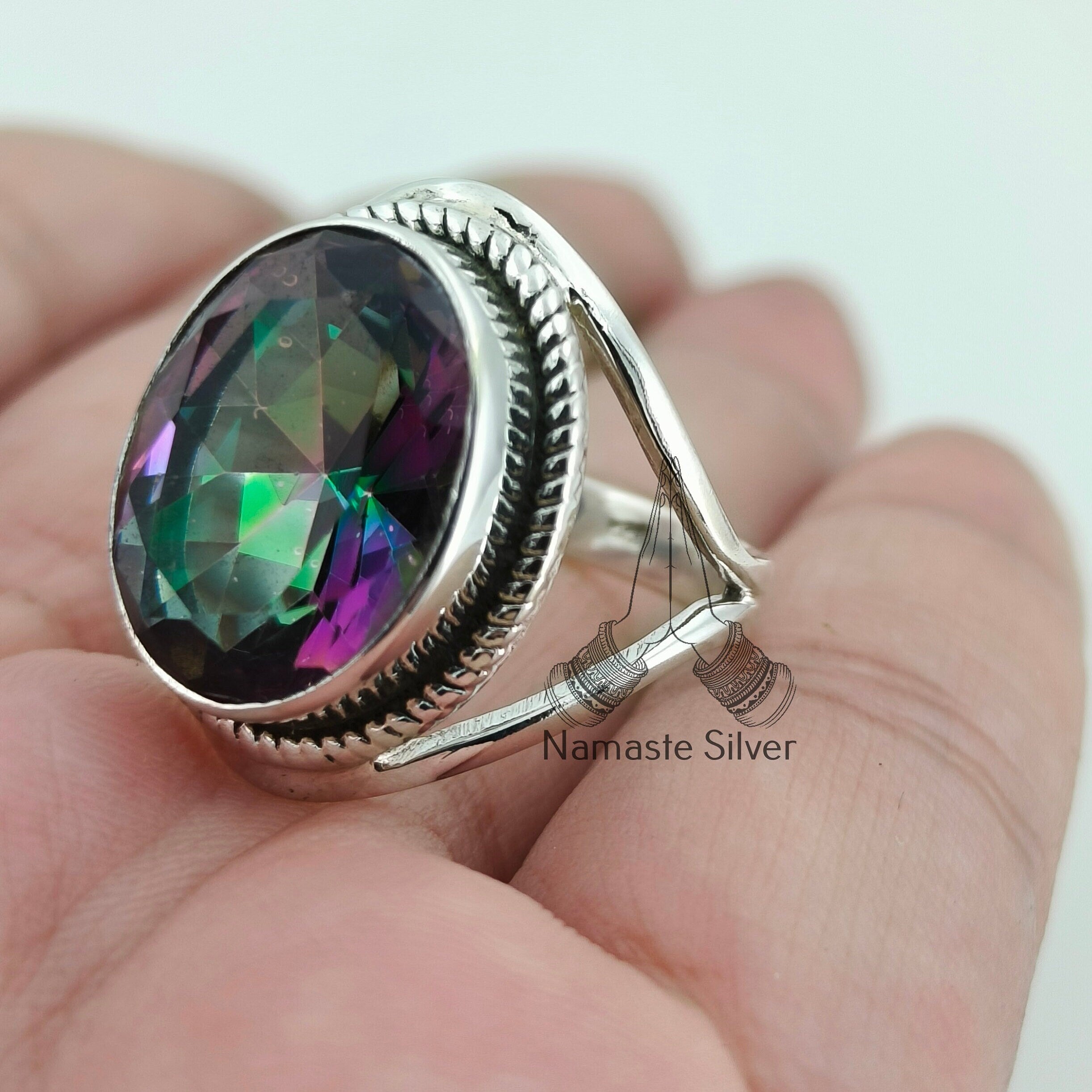 Mystic Topaz Oval Sterling Silver Handmade Statement Women Ring Gemstone Jewelry Gift for her Birthday Anniversary Christmas Valentine's Day