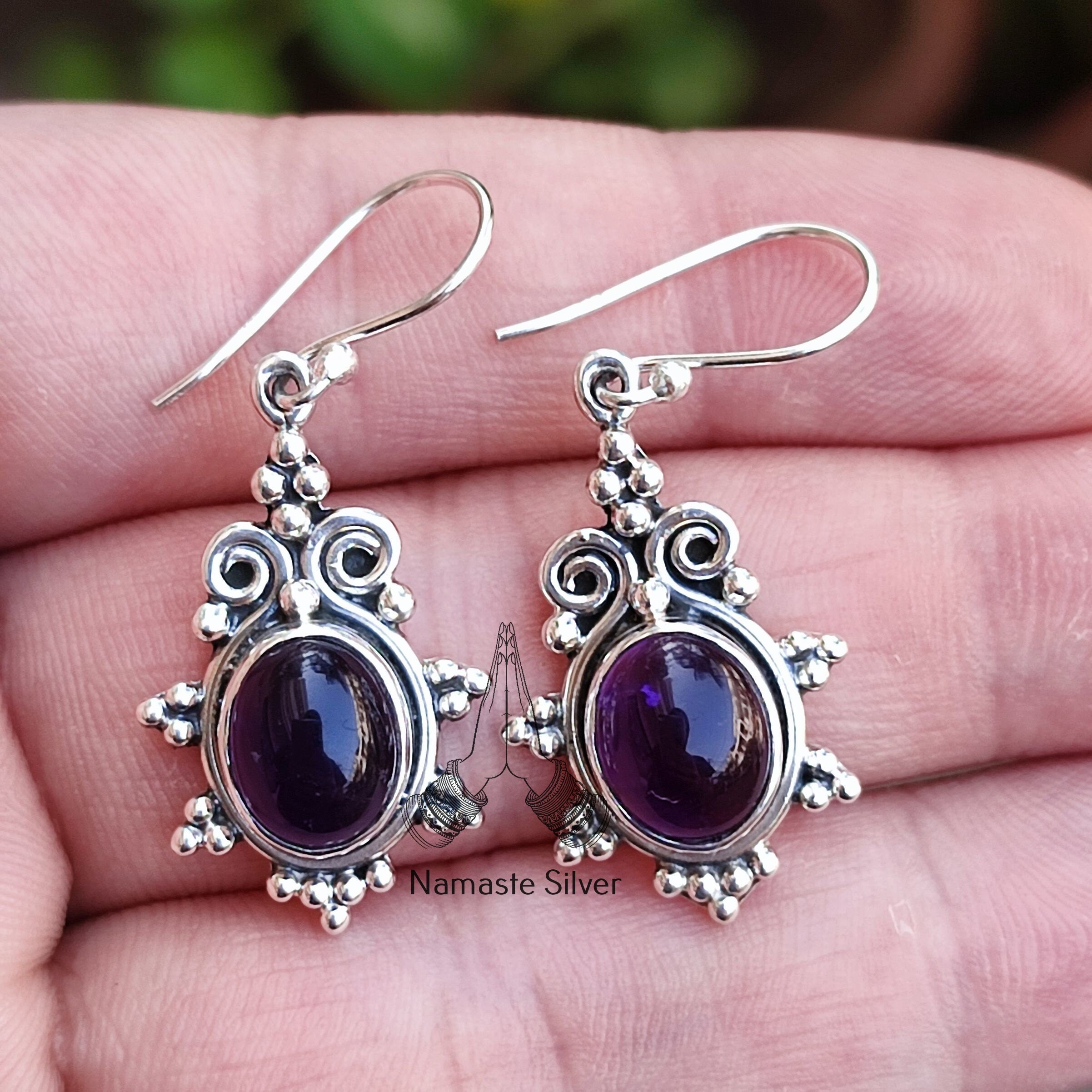 Amethyst Oval Silver Dangle Earrings Gemstone Handmade Jewelry Gift for her Christmas Valentine Birthday Anniversary