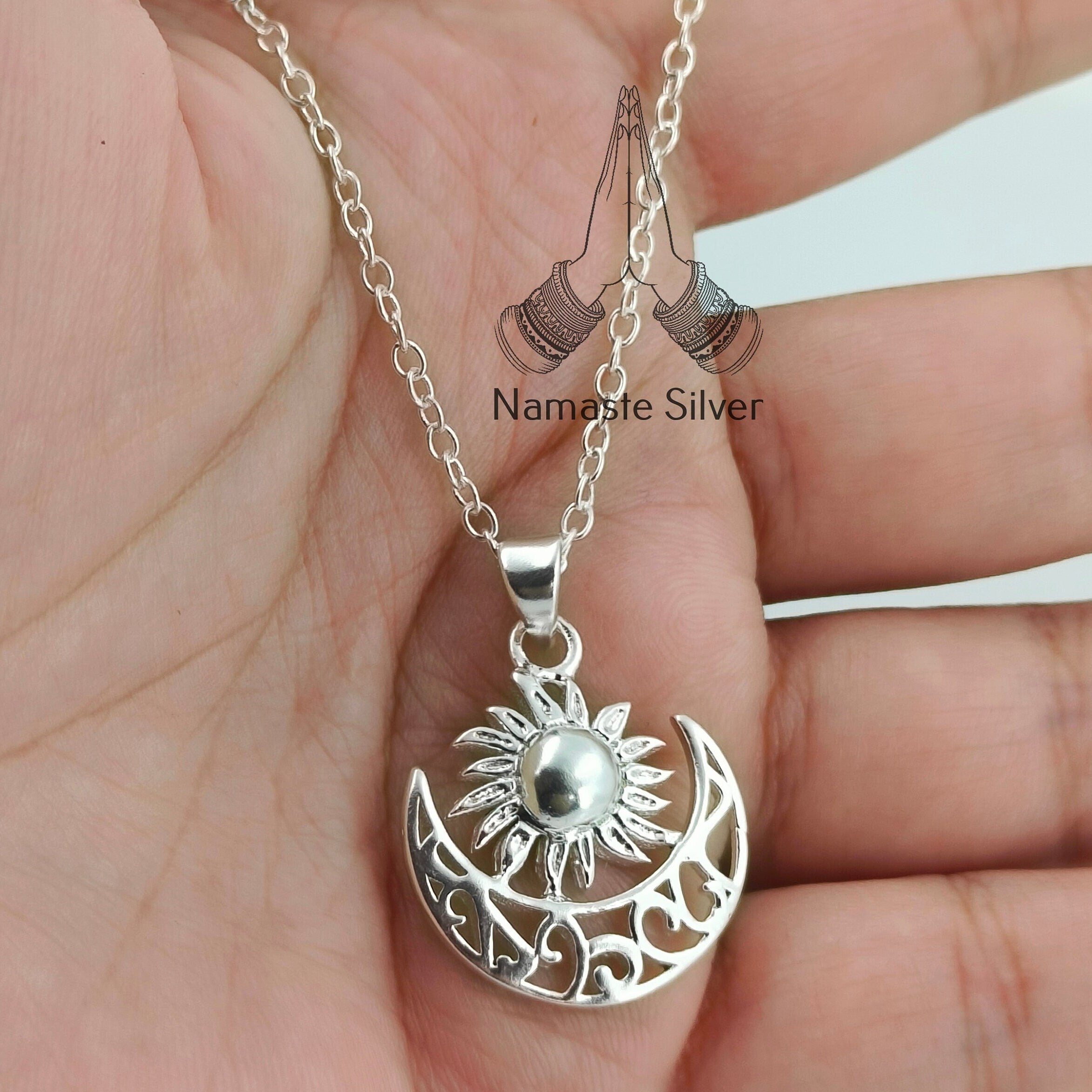 Handmade 925 Sterling Silver Sun Moon Pendant Chain Necklace Gift for her Birthday Anniversary Christmas Valentine's Day Celestial Jewelry