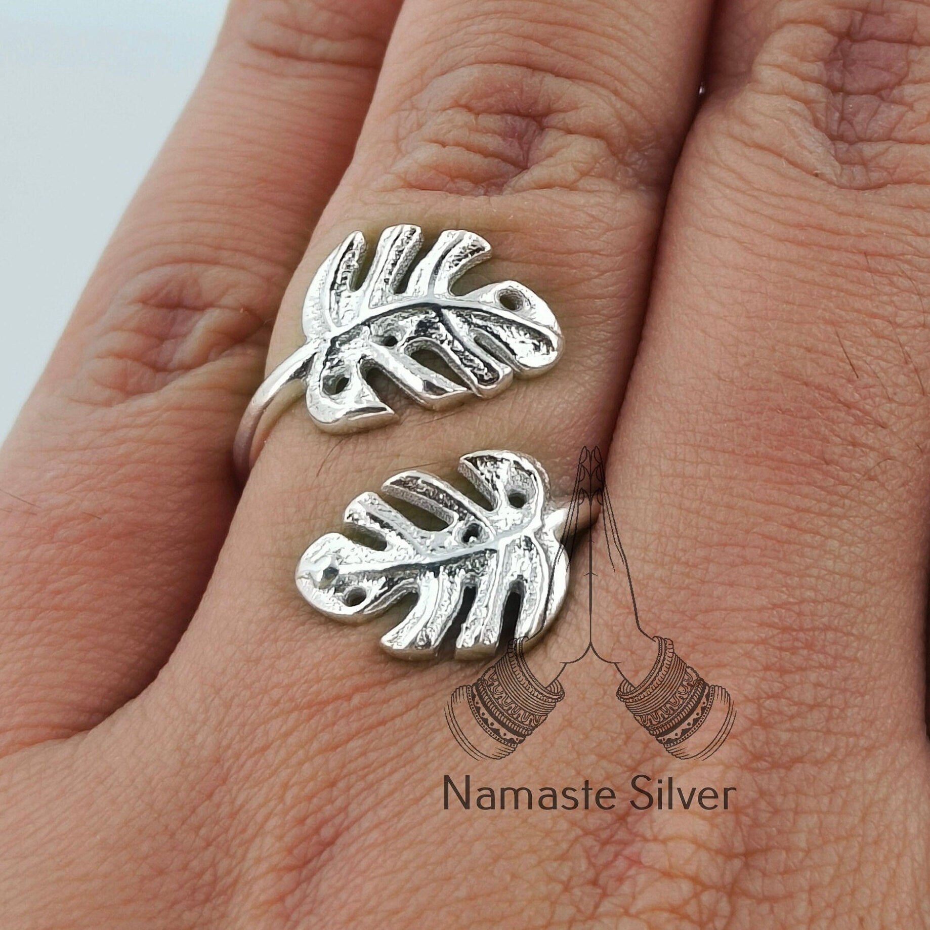 Monstera Leaf sterling silver Ring Size Adjustable Handmade Statement Ring Palm Plant Lover Gift for Her Birthday Anniversary Christmas