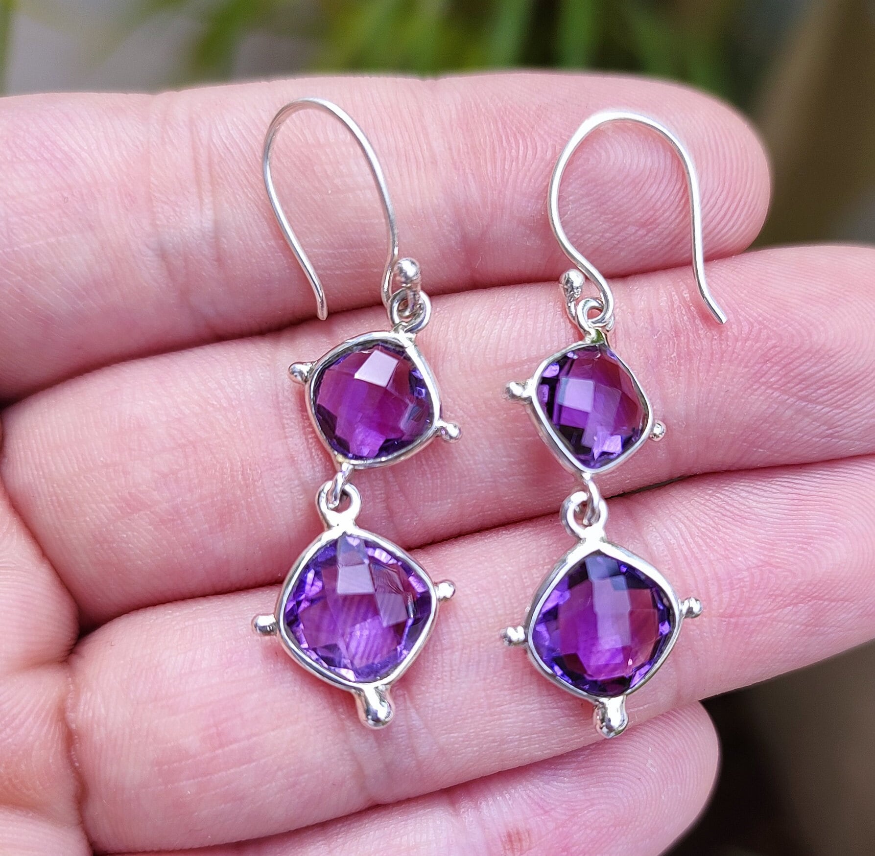 Amethyst Sterling Silver Dangle Earrings, Purple Gemstone Handmade Boho Earrings, Gift for Her Birthday Anniversary Christmas Valentine