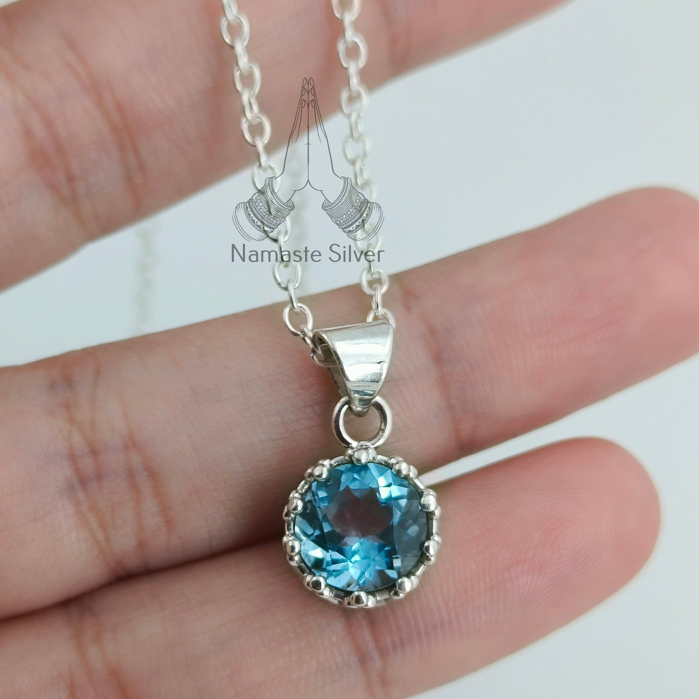 Blue Topaz 925 Sterling Silver Handmade Dainty Pendant Chain Necklace Round Gemstone Locket Gift for her Birthday Anniversary Christmas