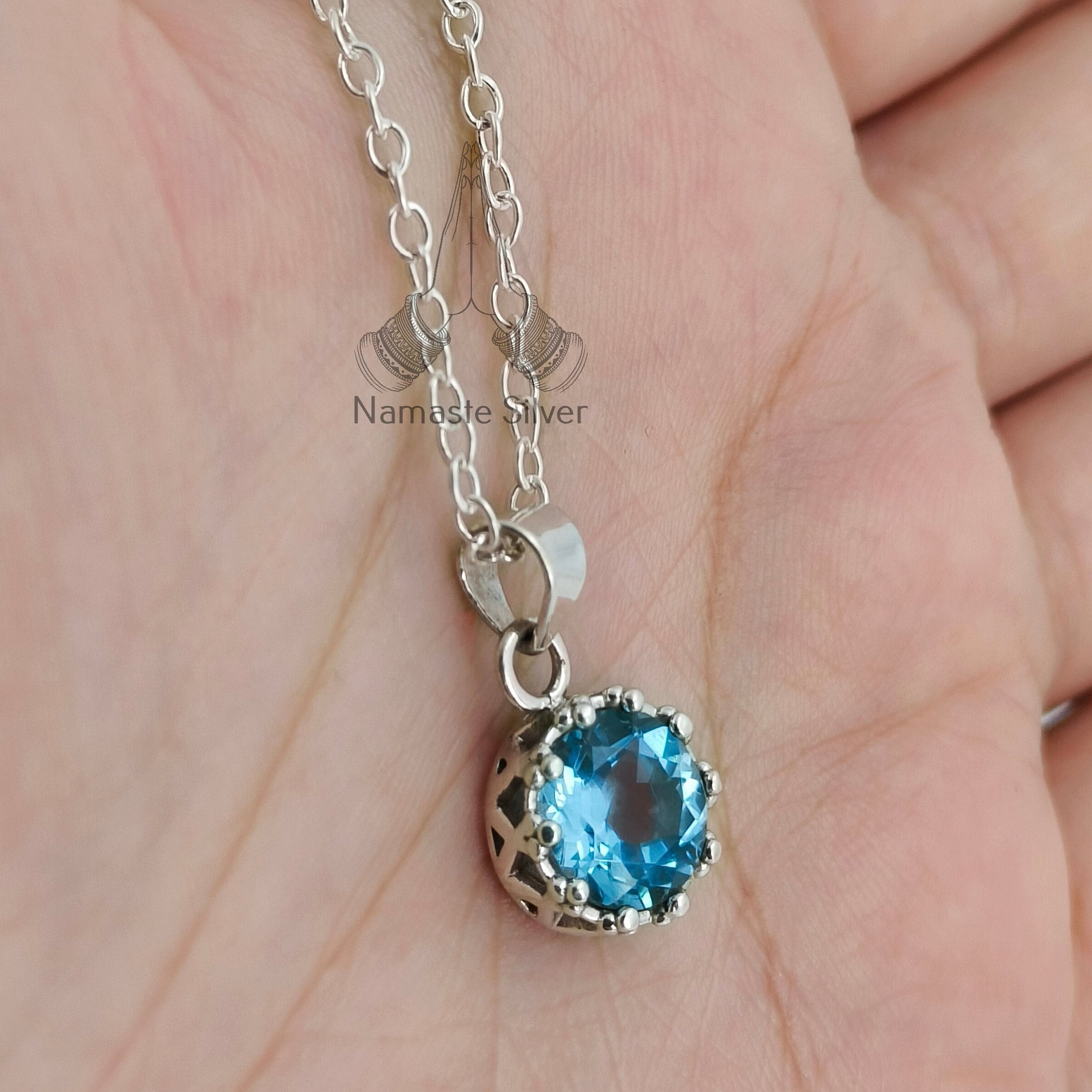 Blue Topaz 925 Sterling Silver Handmade Dainty Pendant Chain Necklace Round Gemstone Locket Gift for her Birthday Anniversary Christmas