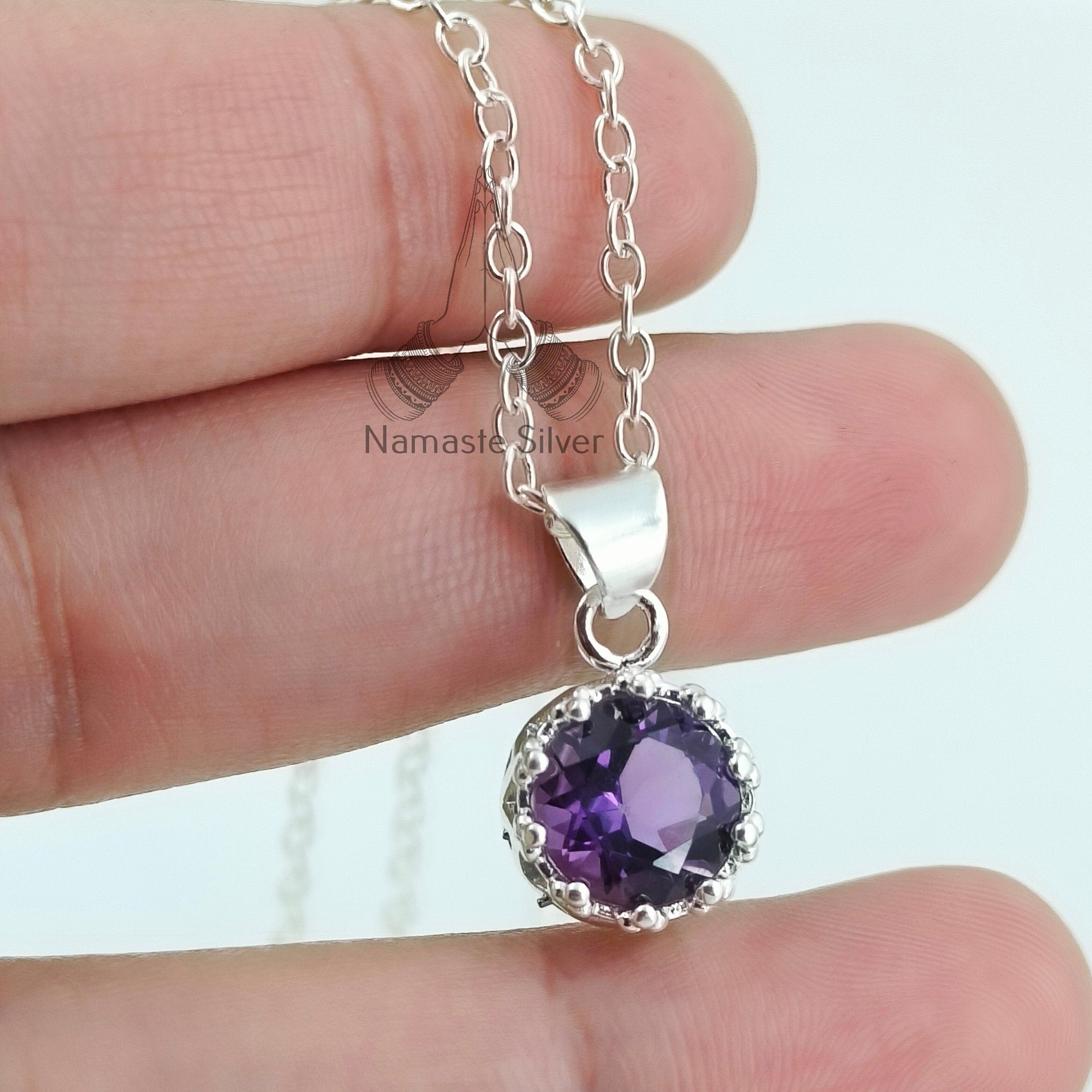 Amethyst 925 Sterling Silver Handmade Dainty Pendant Chain Necklace Round Gemstone Locket Gift for her Birthday Anniversary Christmas