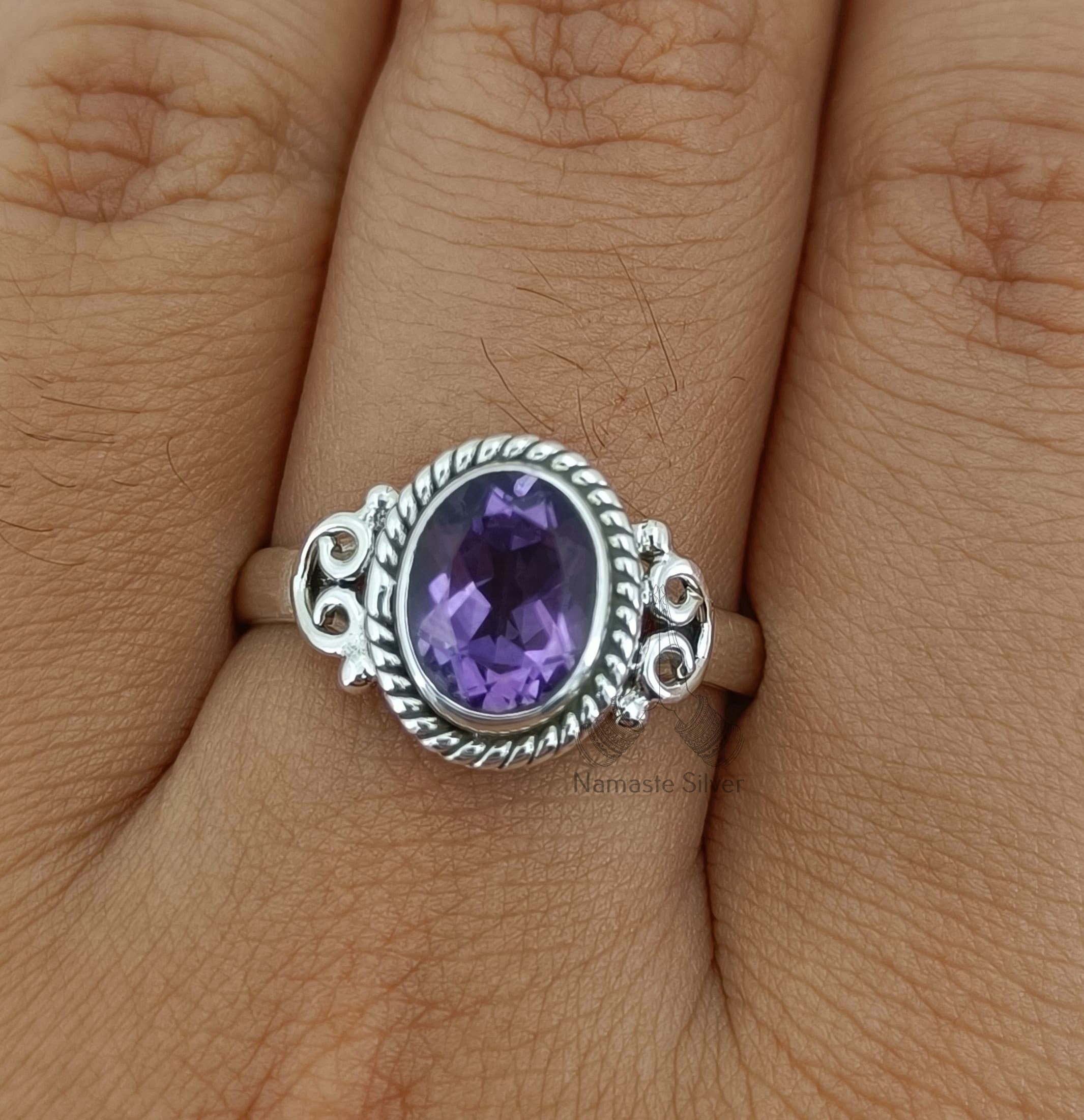 Amethyst Sterling Silver Ring Handmade Dainty Purple Oval Gemstone Boho Statement Gift for her Birthday Anniversary Christmas Valentine Day