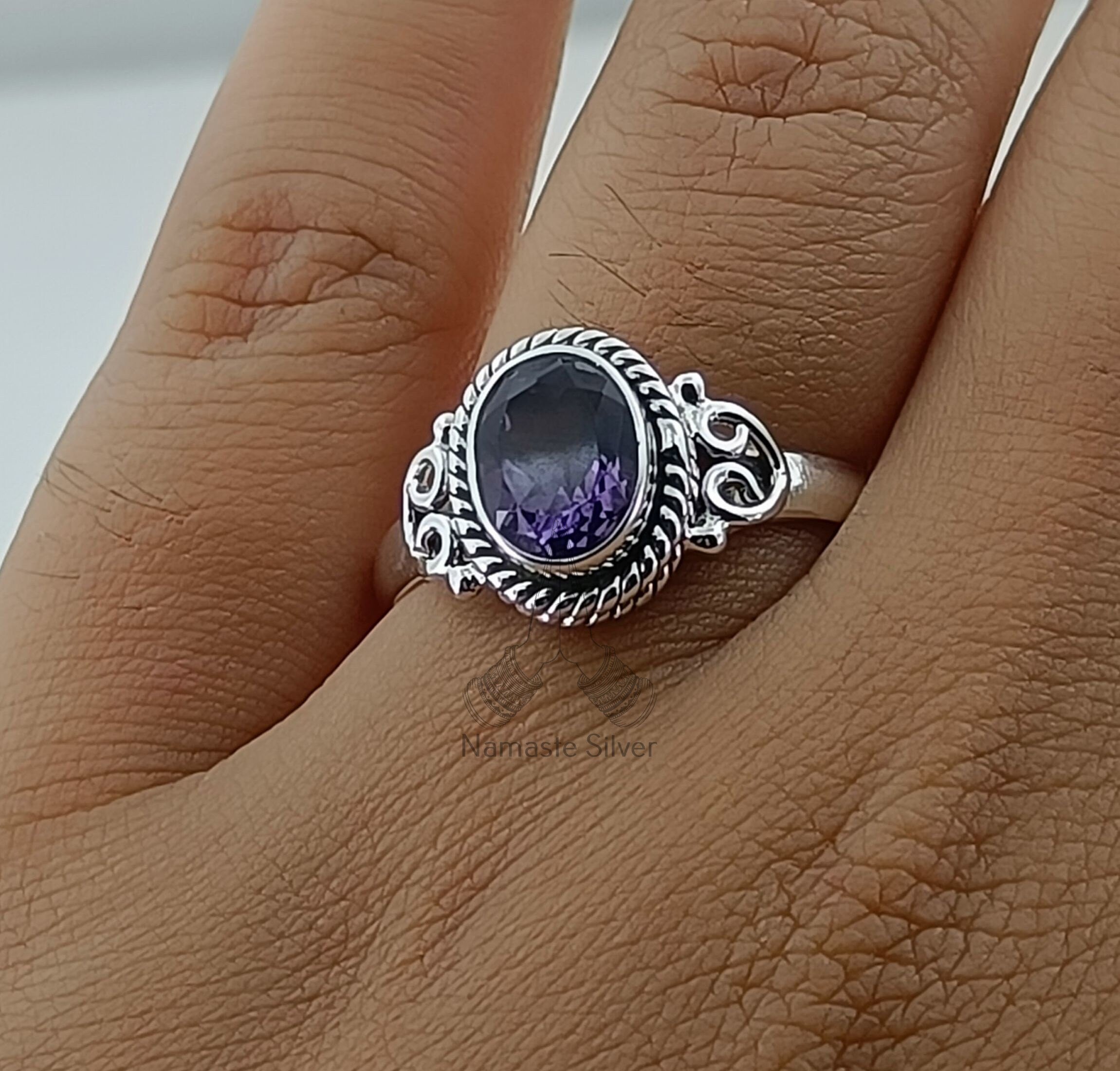 Amethyst Sterling Silver Ring Handmade Dainty Purple Oval Gemstone Boho Statement Gift for her Birthday Anniversary Christmas Valentine Day