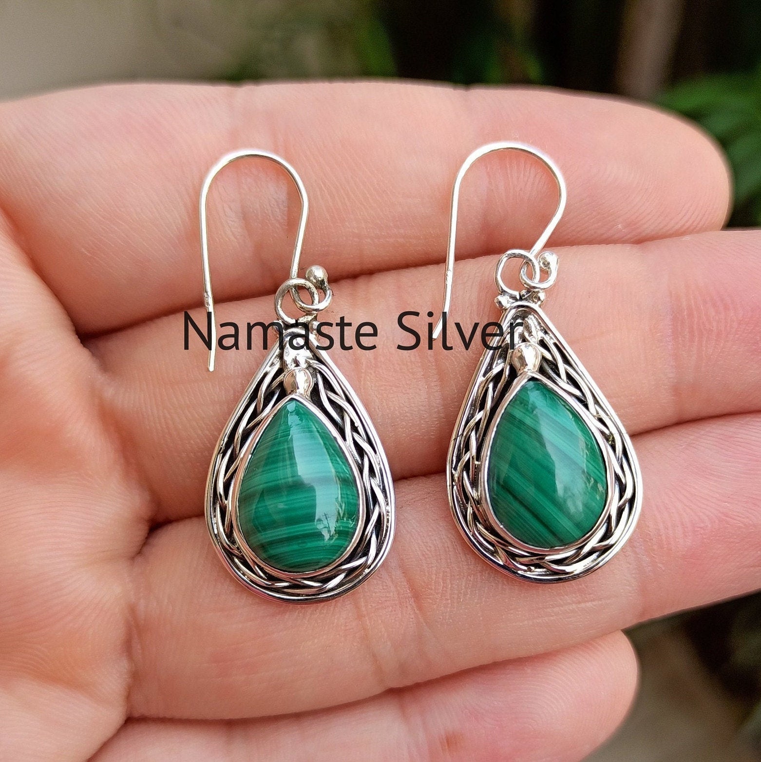 Malachite Pearshape 925 Sterling Silver Handmade Dangle Drop Earrings for Women