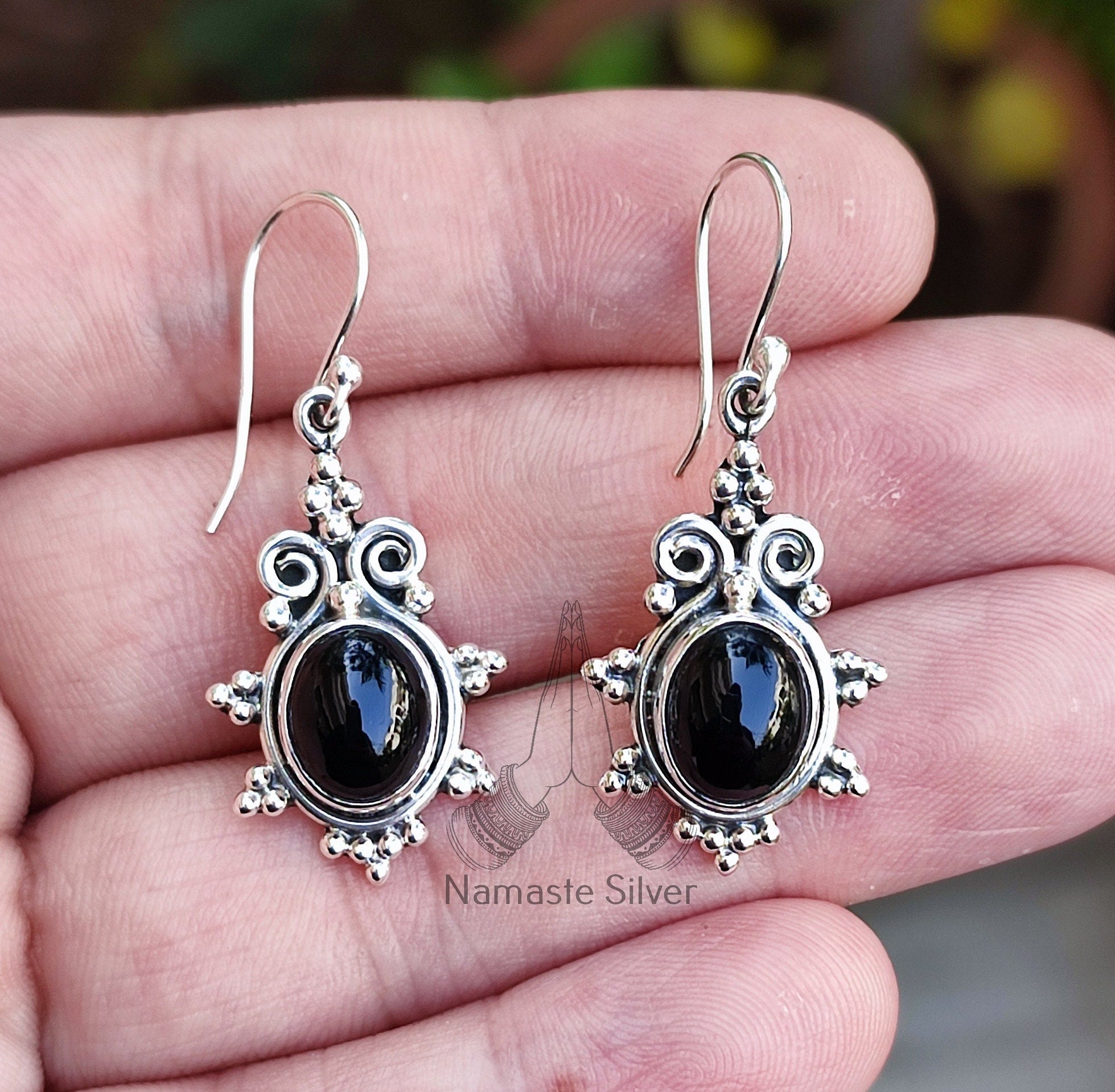 Black Onyx Sterling Silver Handmade Dangle Earrings Boho Gemstone Jewelry Gift for her Birthday Anniversary Christmas Valentine's Day