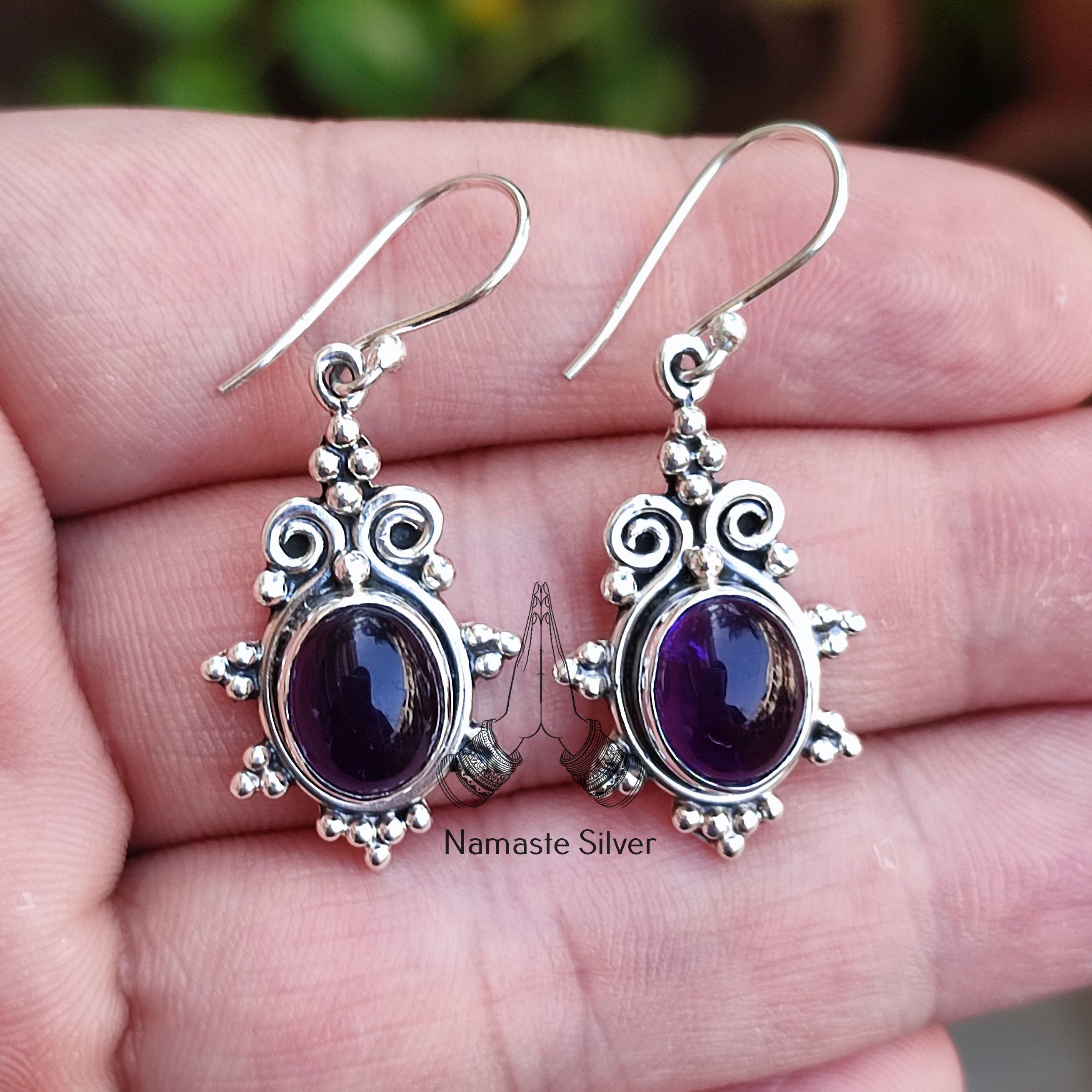 Amethyst Oval Silver Dangle Earrings Gemstone Handmade Jewelry Gift for her Christmas Valentine Birthday Anniversary