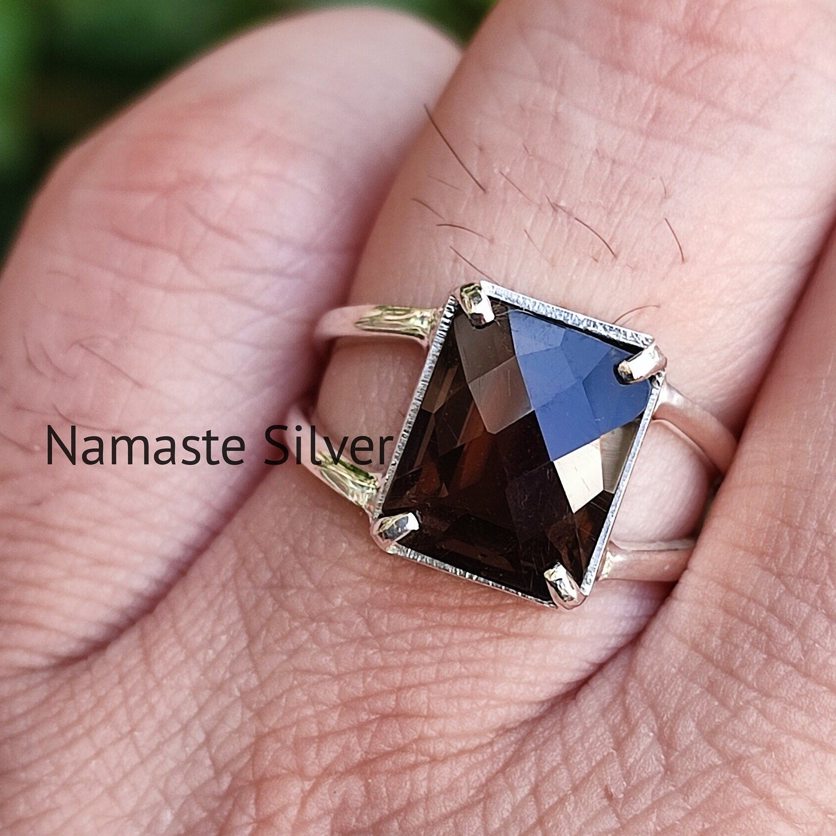 Smoky Quartz Silver Ring, Sterling Silver Handmade Statement Cushion Checker Cut Brown Gemstone Boho Ring Gift for him Birthday Anniversary