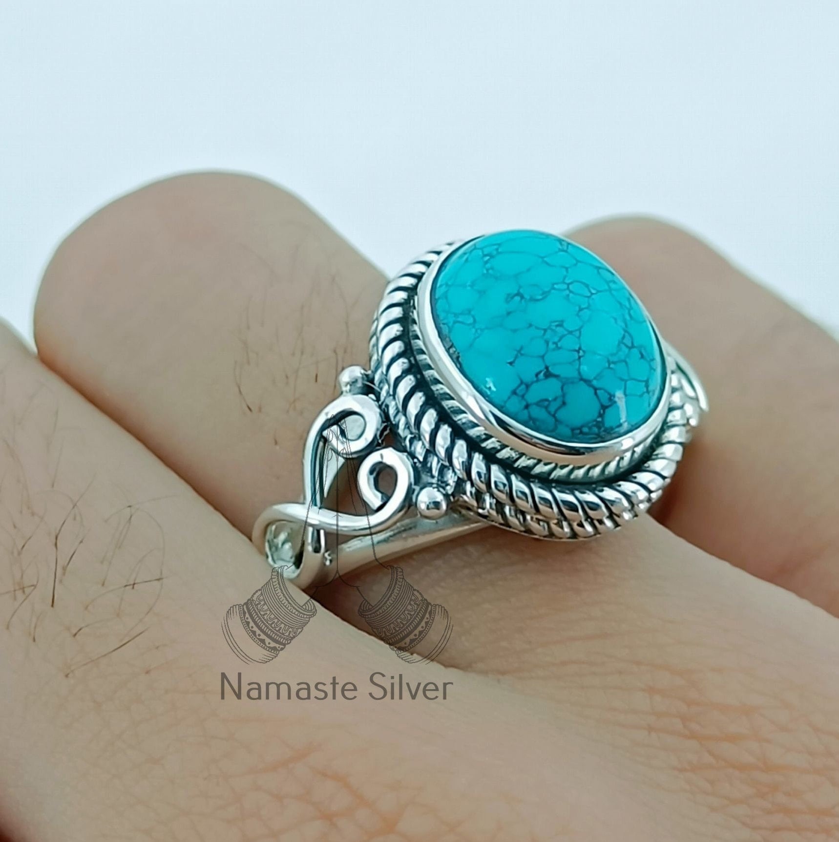 Turquoise Sterling Silver Ring, Handmade Boho Statement Gemstone Jewelry Gift for Her Anniversary Birthday Wedding Christmas Valentine's Day