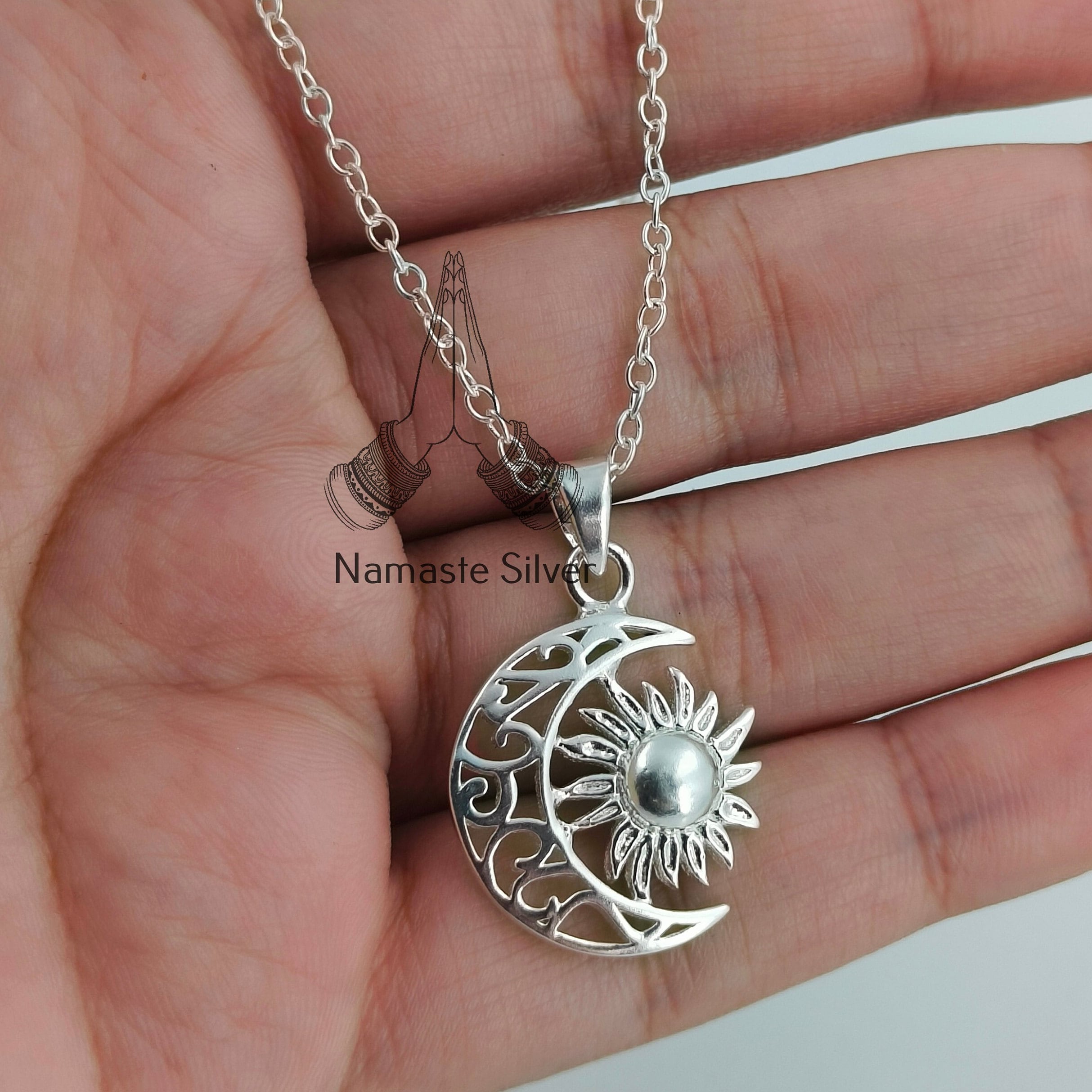 Handmade 925 Sterling Silver Sun & Moon Pendant Chain Necklace Gift for her Birthday Anniversary Christmas Valentine's Day Celestial Jewelry