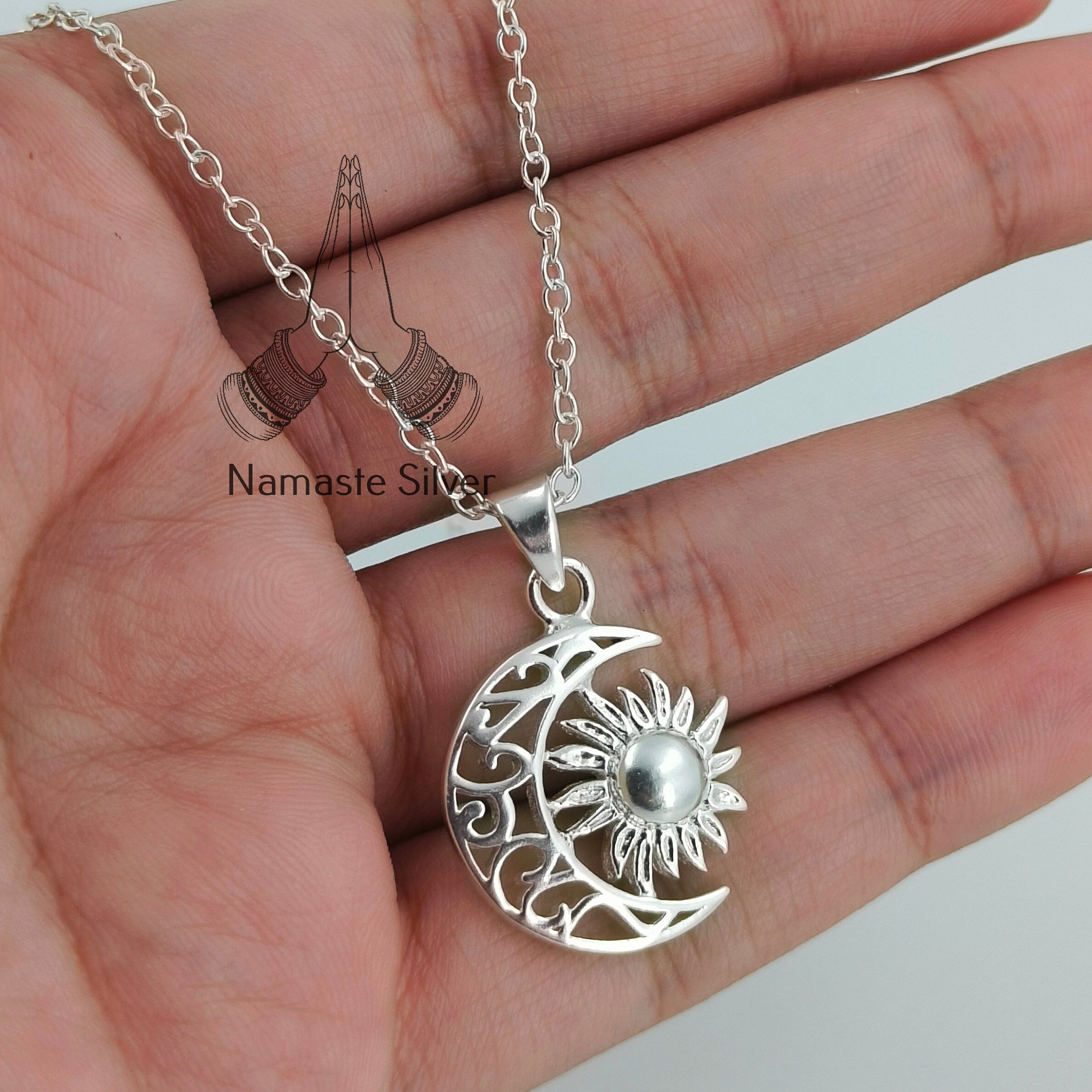 Handmade 925 Sterling Silver Sun & Moon Pendant Chain Necklace Gift for her Birthday Anniversary Christmas Valentine's Day Celestial Jewelry