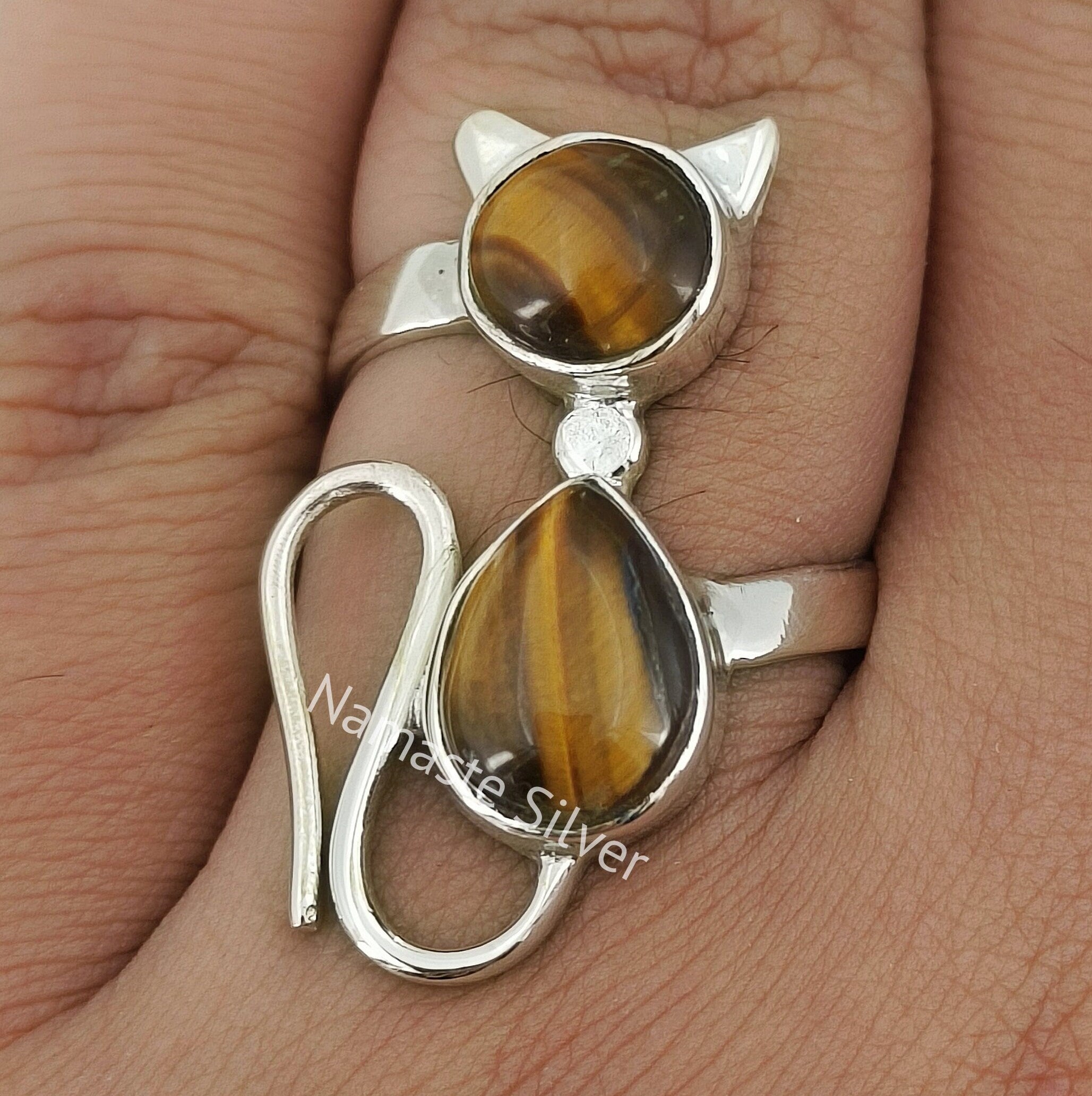 Tigers Eye Sterling Silver Cat Ring Handmade Statement Boho Jewelry Gift for her Birthday Anniversary Christmas Valentine's Mother's Day