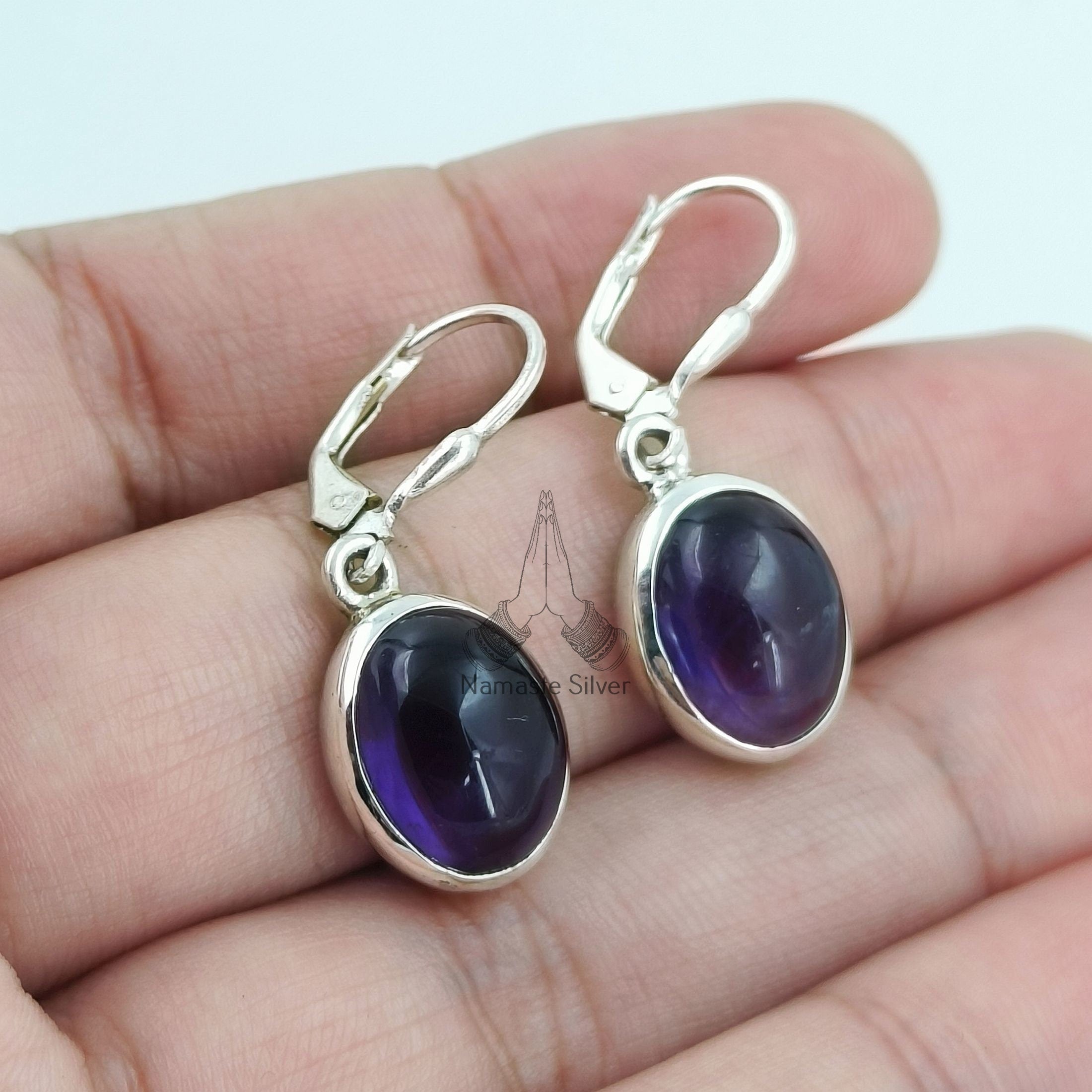 Amethyst Oval Silver Dangle Earrings Gemstone Handmade Jewelry Gift for her Christmas Valentine Birthday Anniversary