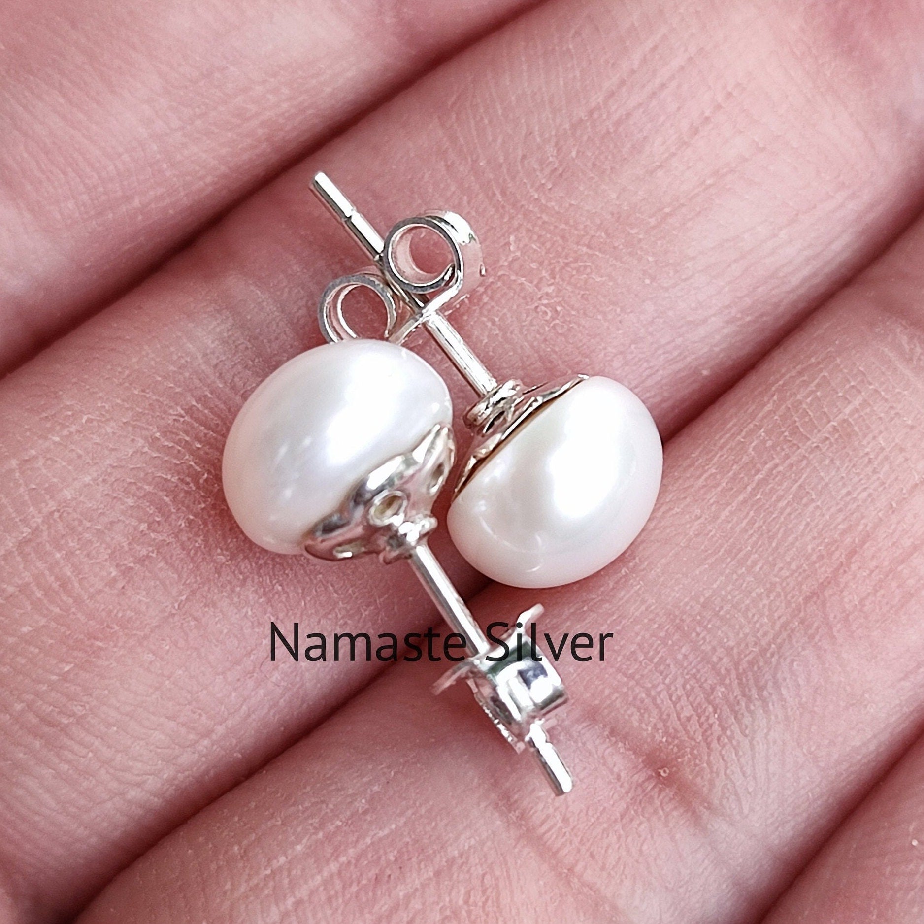 Freshwater Pearl Sterling Silver Handmade Studs Earrings, Pearl Jewelry, Pearl Earrings, Bridal Earrings, Gift for Her, Pearl Silver Studs