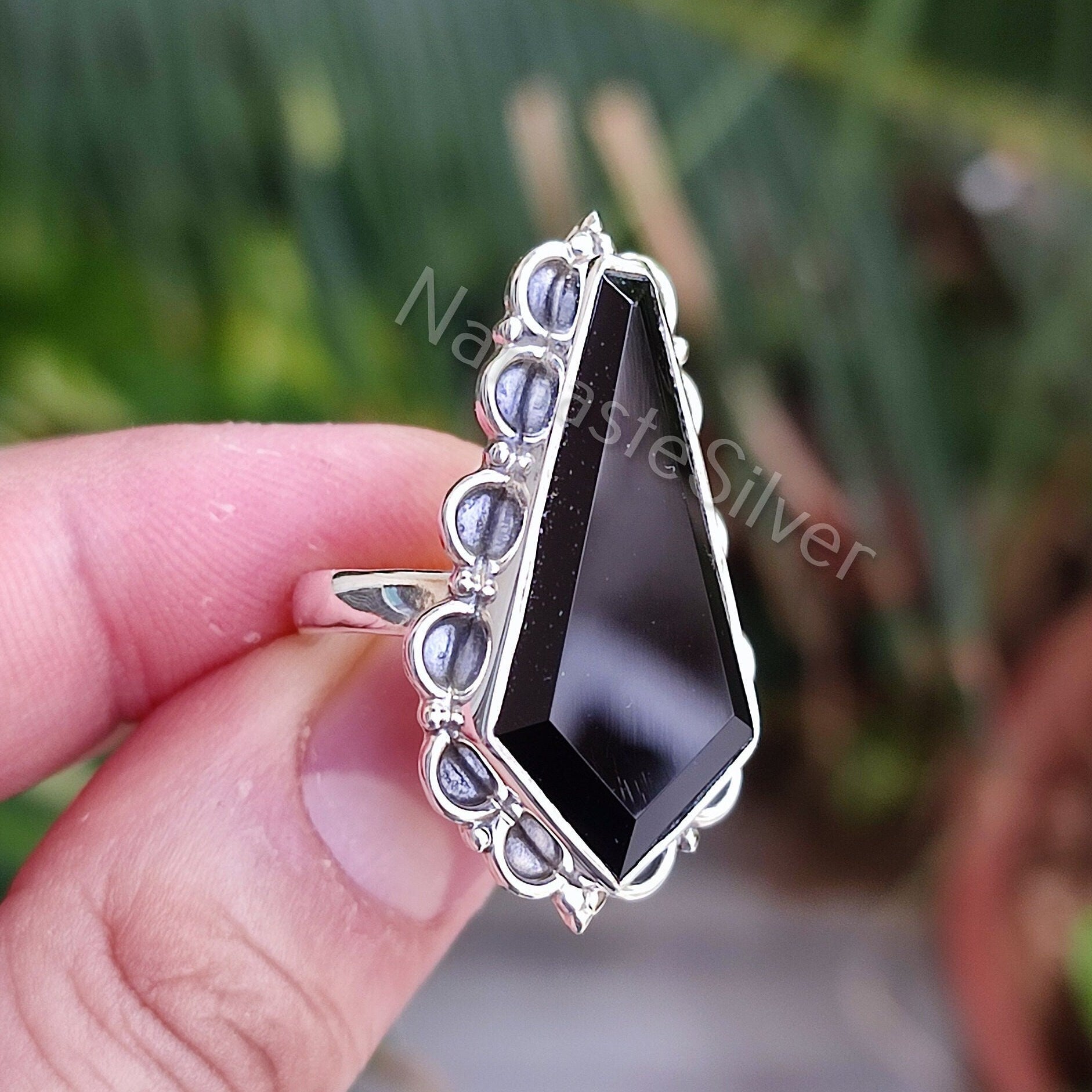 Black Onyx Coffin Ring, 925 Sterling Silver Handmade Gothic Ring, Natural Black Gemstone Coffin Jewelry, Halloween Witch Gift For Her