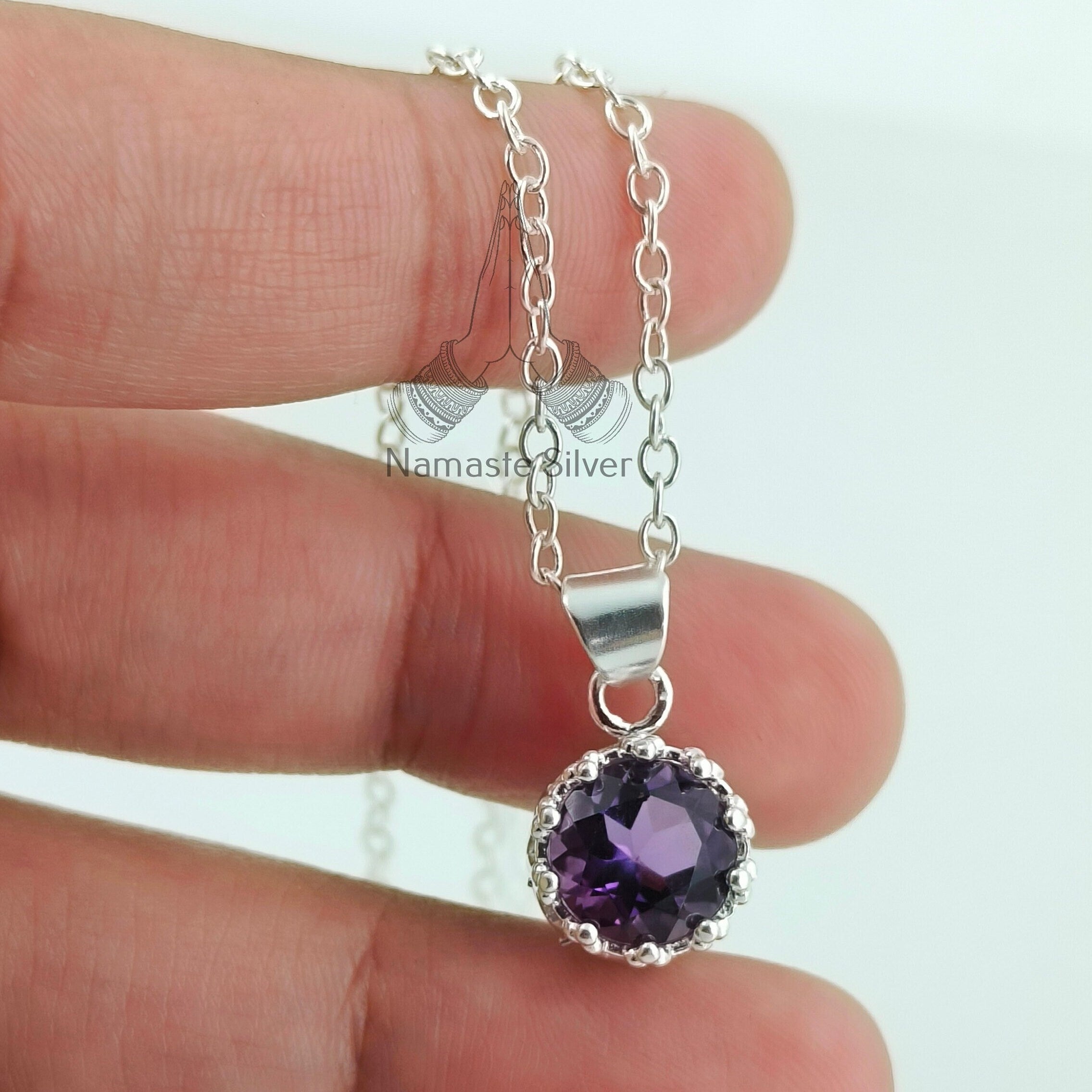 Amethyst 925 Sterling Silver Handmade Dainty Pendant Chain Necklace Round Gemstone Locket Gift for her Birthday Anniversary Christmas